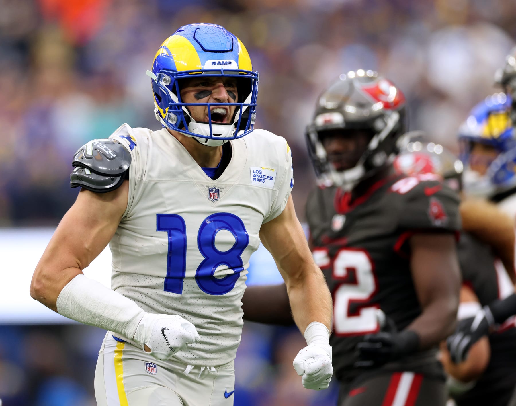 INGLEWOOD, CALIFORNIA - SEPTEMBER 26: Ben Skowronek #18 of the Los Angeles Rams reacts to his stop of Jaelon Darden #1 of the Tampa Bay Buccaneers during a 34-24 win over the Tampa Bay Buccaneers at SoFi Stadium on September 26, 2021 in Inglewood, California. (Photo by Harry How/Getty Images)