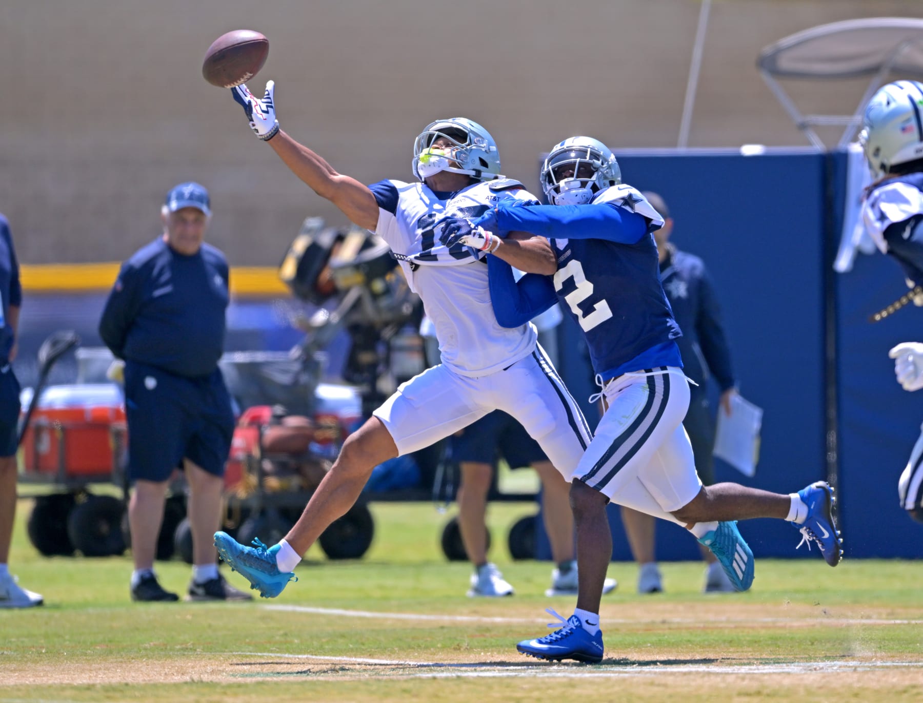 OXNARD, CA - AUGUST 02:  Cornerback Jourdan Lewis #2 of the Dallas Cowboys defends a pass for wide receiver Jalen Tolbert #18 during training camp at River Ridge Fields on August 2, 2022 in Oxnard, California. (Photo by Jayne Kamin-Oncea/Getty Images)