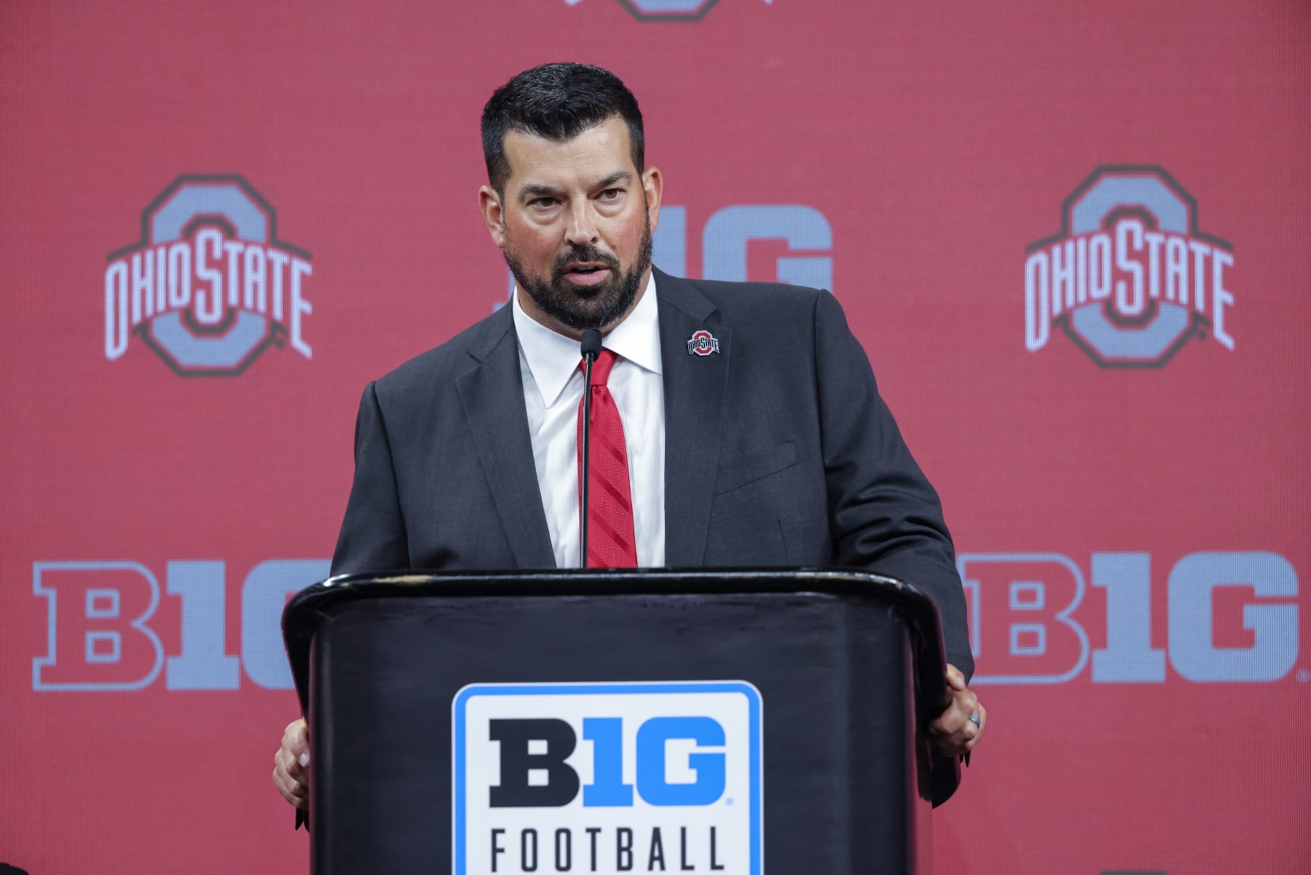 INDIANAPOLIS, IN - JULY 27: Head coach Ryan Day of the Ohio State Buckeyes speaks during the 2022 Big Ten Conference Football Media Days at Lucas Oil Stadium on July 27, 2022 in Indianapolis, Indiana. (Photo by Michael Hickey/Getty Images) INDIANAPOLIS, IN - JULY 27: Head coach Ryan Day of the Ohio State Buckeyes speaks during the 2022 Big Ten Conference Football Media Days at Lucas Oil Stadium on July 27, 2022 in Indianapolis, Indiana. (Photo by Michael Hickey/Getty Images)