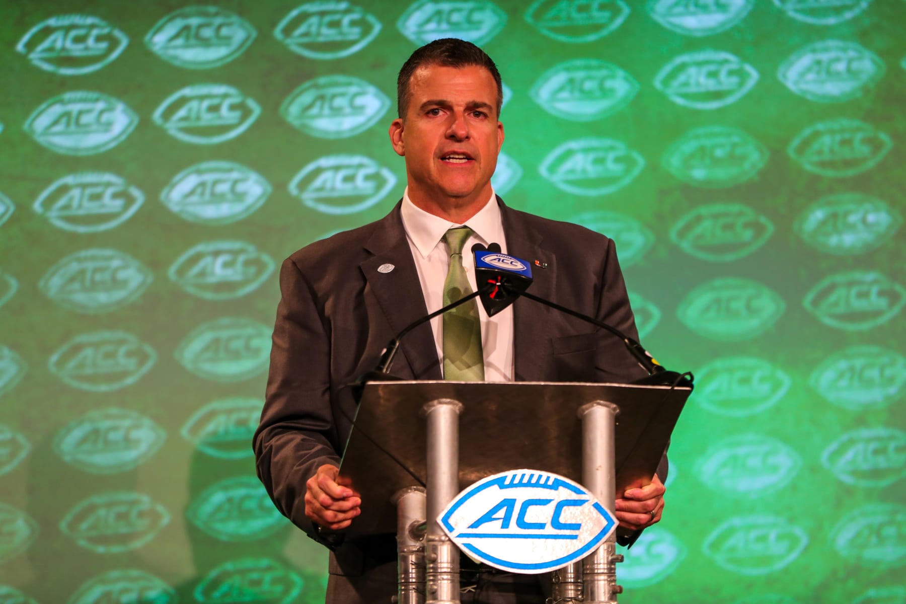 CHARLOTTE, NC - JULY 21: Miami Hurricanes Head Coach Mario Cristobal speaks to the media during the ACC Football Kickoff on July 21, 2022, at The Westin Charlotte in Charlotte, NC. (Photo by David Jensen/Icon Sportswire via Getty Images)