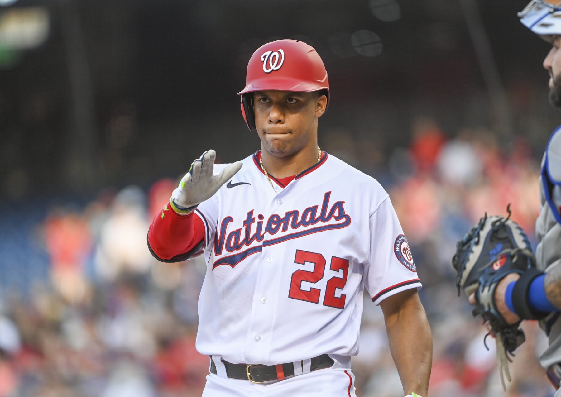 WASHINGTON, DC - AUGUST 1:  Washington Nationals right fielder Juan Soto (22) salutes as he walks too the plate for his first at-bat against the New York Mets at Nationals Park. Photo by Jonathan Newton/The Washington Post via Getty Images)
