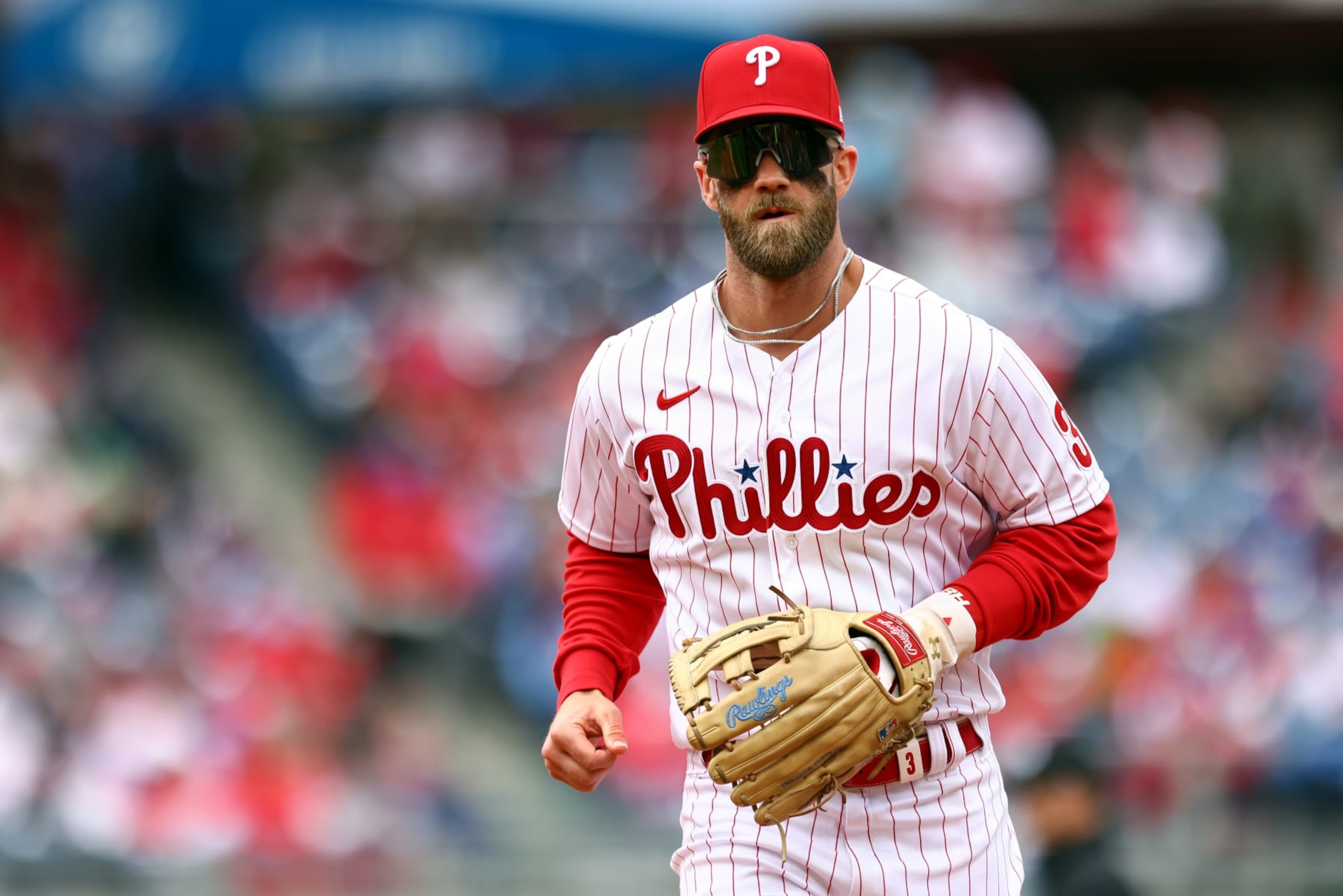 PHILADELPHIA, PA - APRIL 10: Bryce Harper #3 of the Philadelphia Phillies in action against the Oakland Athletics during a game at Citizens Bank Park on April 10, 2022 in Philadelphia, Pennsylvania. (Photo by Rich Schultz/Getty Images) PHILADELPHIA, PA - APRIL 10: Bryce Harper #3 of the Philadelphia Phillies in action against the Oakland Athletics during a game at Citizens Bank Park on April 10, 2022 in Philadelphia, Pennsylvania. (Photo by Rich Schultz/Getty Images)