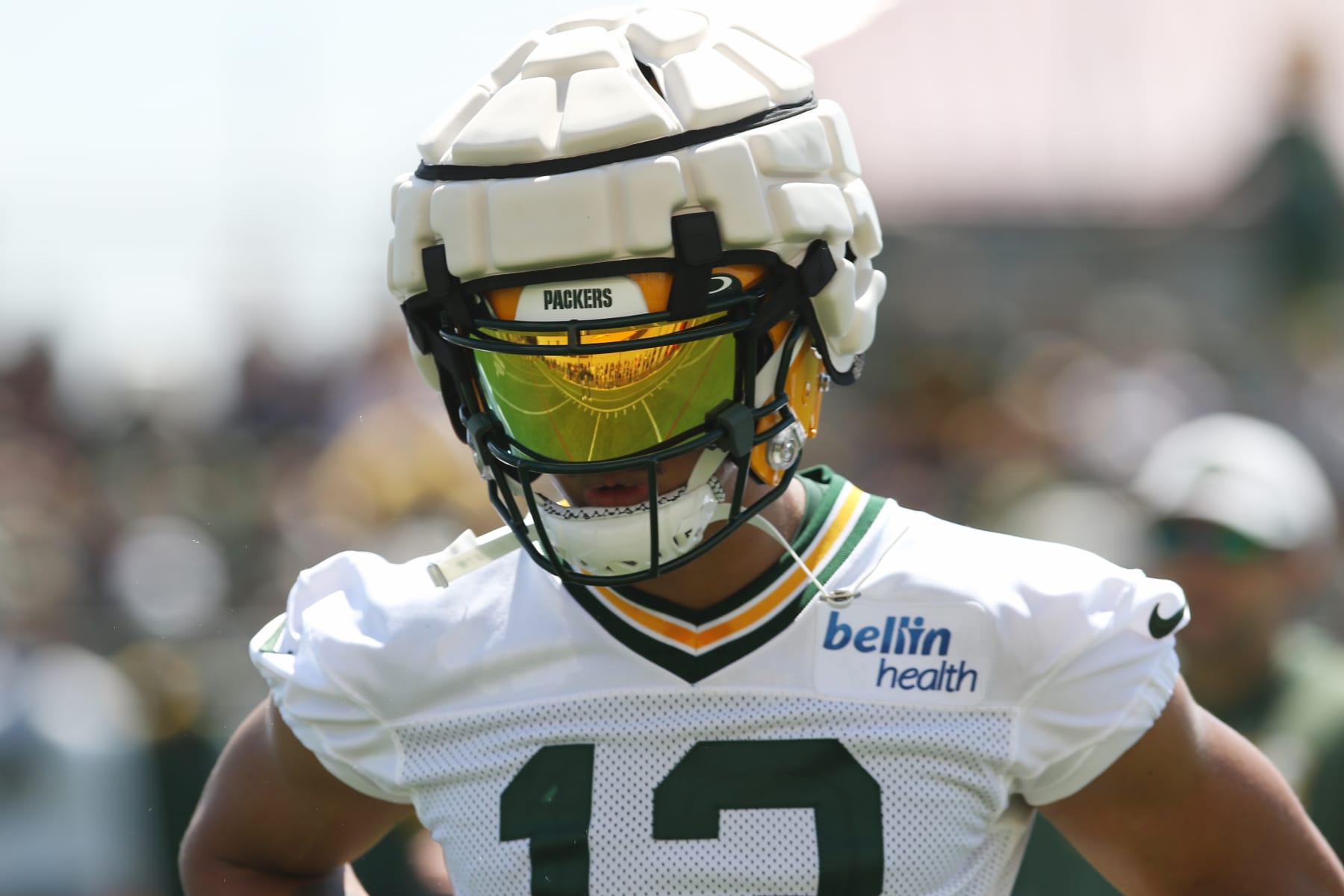 ASHWAUBENON, WI - JULY 27: Green Bay Packers wide receiver Allen Lazard (13) shows off the new concussion helmets during Green Bay Packers training camp at Ray Nitschke Field on July 27, 2022 in Ashwaubanon, WI. (Photo by Larry Radloff/Icon Sportswire via Getty Images)