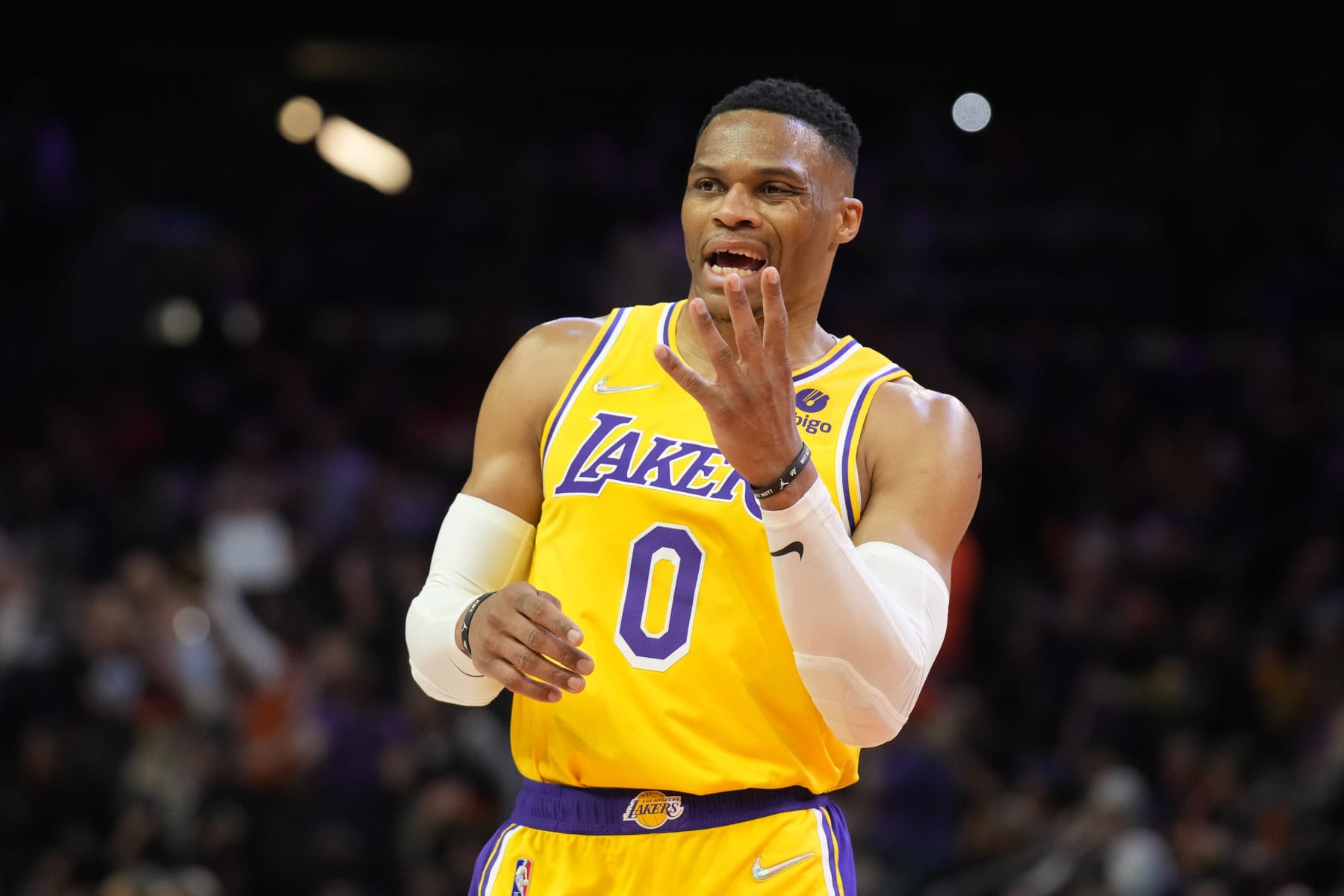 Los Angeles Lakers guard Russell Westbrook (0) during the first half of an NBA basketball game against the Phoenix Suns, Tuesday, April 5, 2022, in Phoenix. (AP Photo/Rick Scuteri)