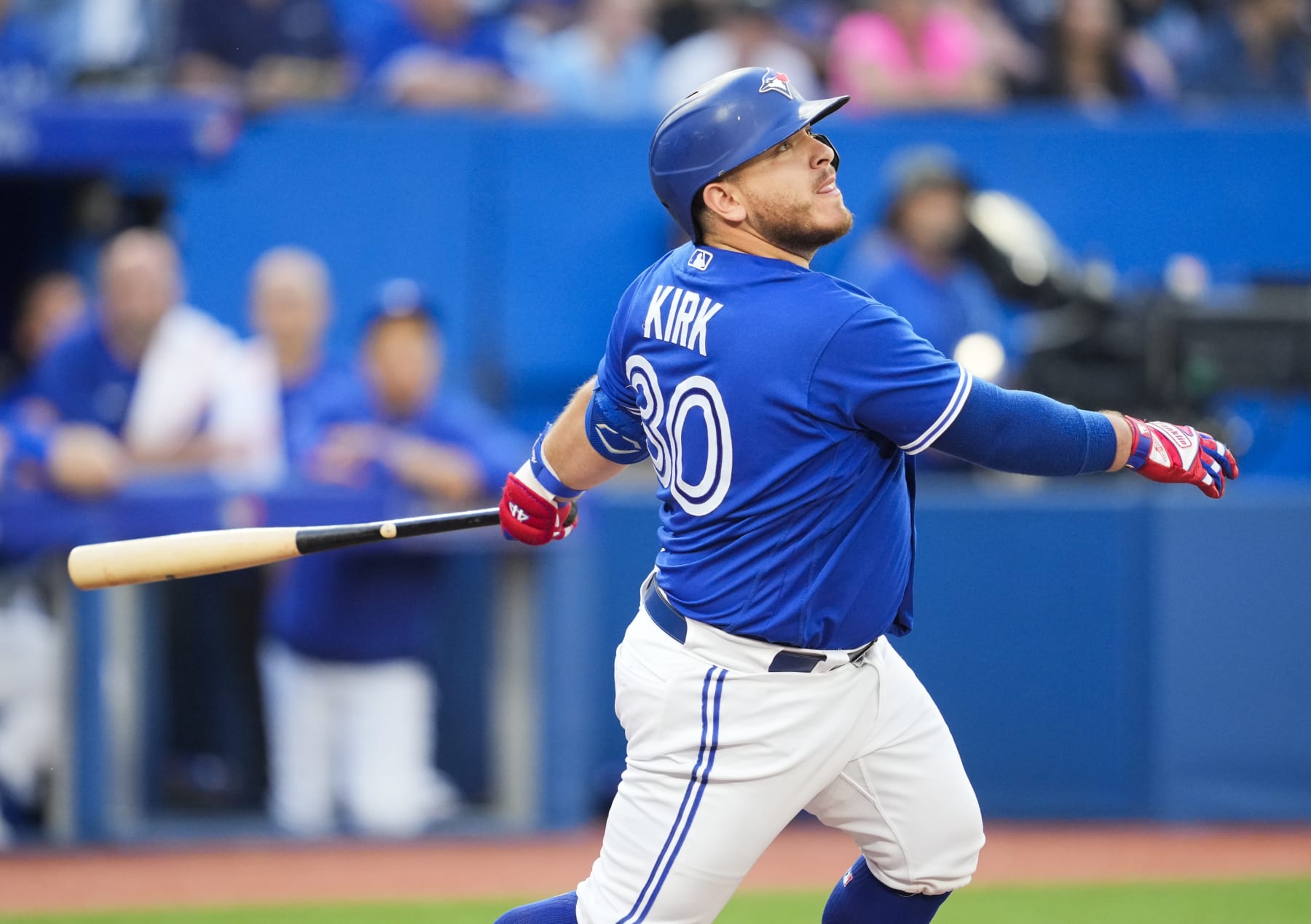 TORONTO, ON - JULY 26: Alejandro Kirk #30 of the Toronto Blue Jays swings against the St. Louis Cardinals in the second inning during their MLB game at the Rogers Centre on July 26, 2022 in Toronto, Ontario, Canada. (Photo by Mark Blinch/Getty Images)