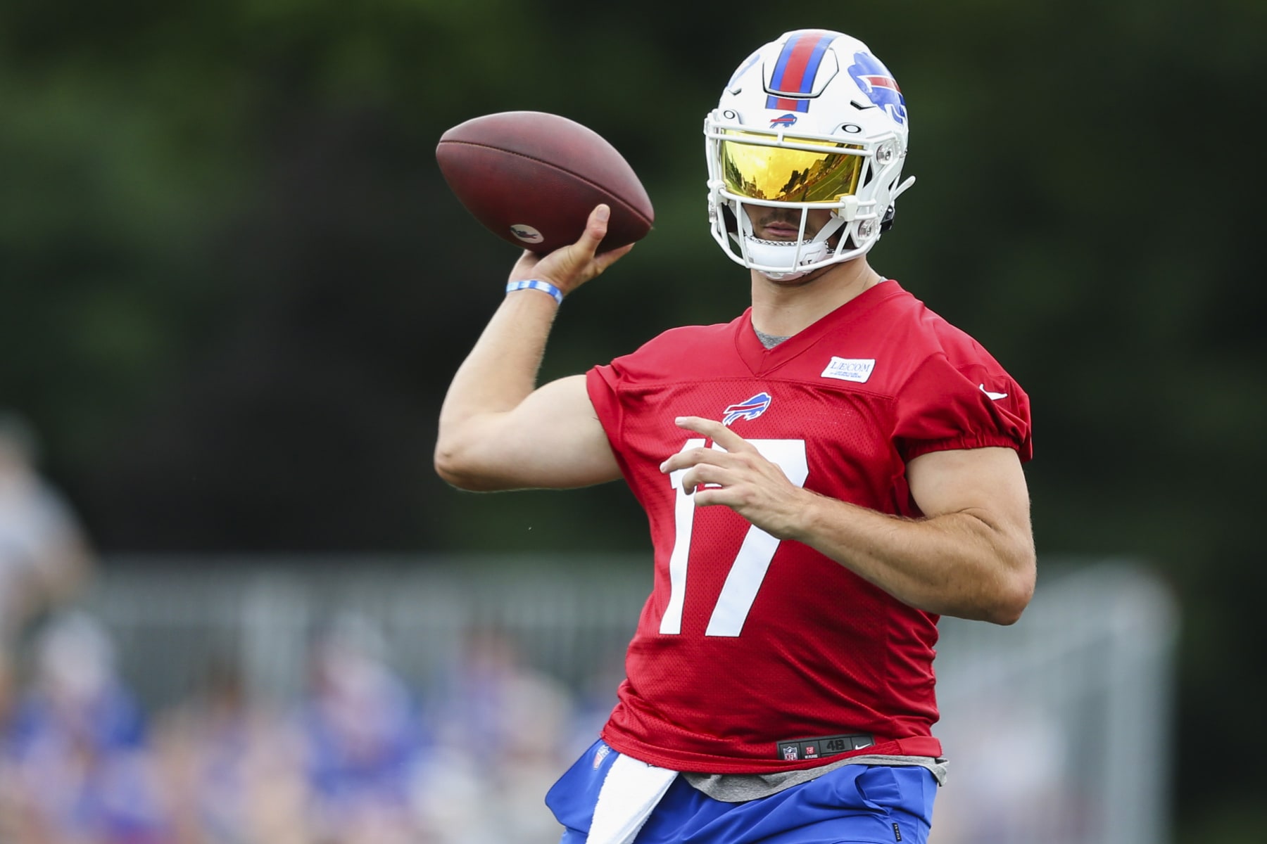 PITTSFORD, NEW YORK - JULY 24: Josh Allen #17 of the Buffalo Bills throws during Bills training camp at Saint John Fisher University on July 24, 2022 in Pittsford, New York. (Photo by Joshua Bessex/Getty Images)