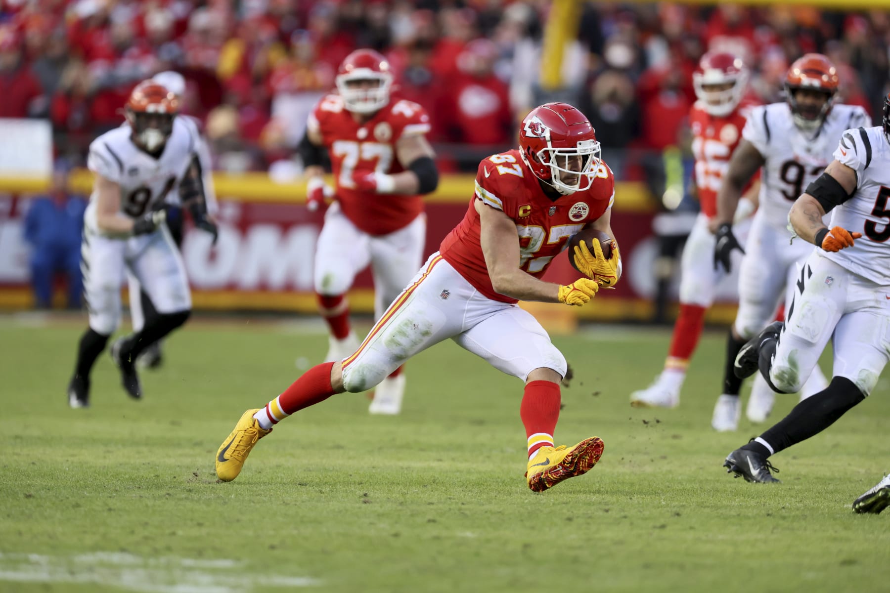 Football: NFL Playoffs: Kansas City Chiefs Travis Kelce (87) in action vs Cincinnati Bengals at Arrowhead Stadium. Kansas City, MO 1/30/2022 CREDIT: David E. Klutho (Photo by David E. Klutho/Sports Illustrated via Getty Images) (Set Number: X163917 TK1)
