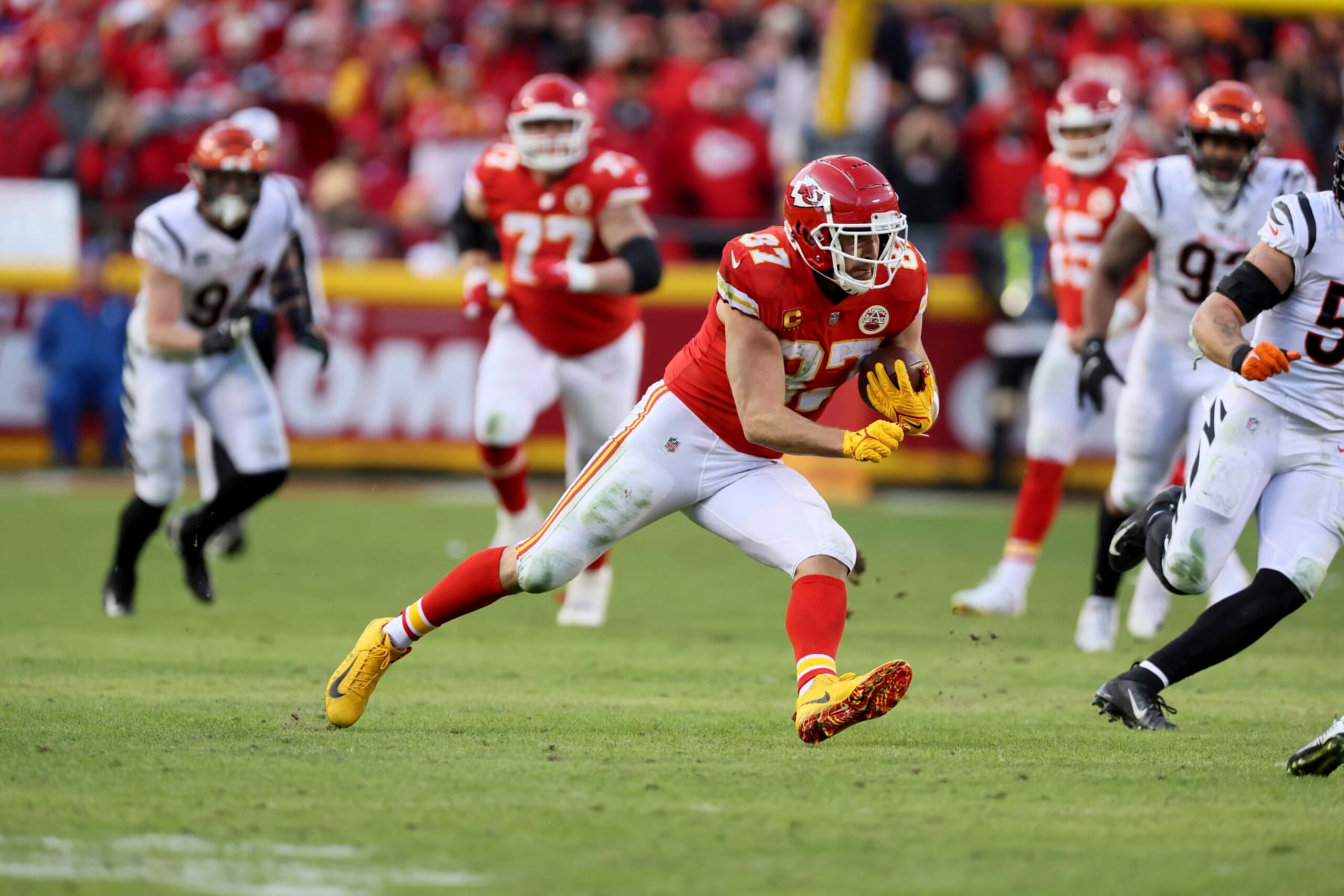 Football: NFL Playoffs: Kansas City Chiefs Travis Kelce (87) in action vs Cincinnati Bengals at Arrowhead Stadium. Kansas City, MO 1/30/2022 CREDIT: David E. Klutho (Photo by David E. Klutho/Sports Illustrated via Getty Images) (Set Number: X163917 TK1)