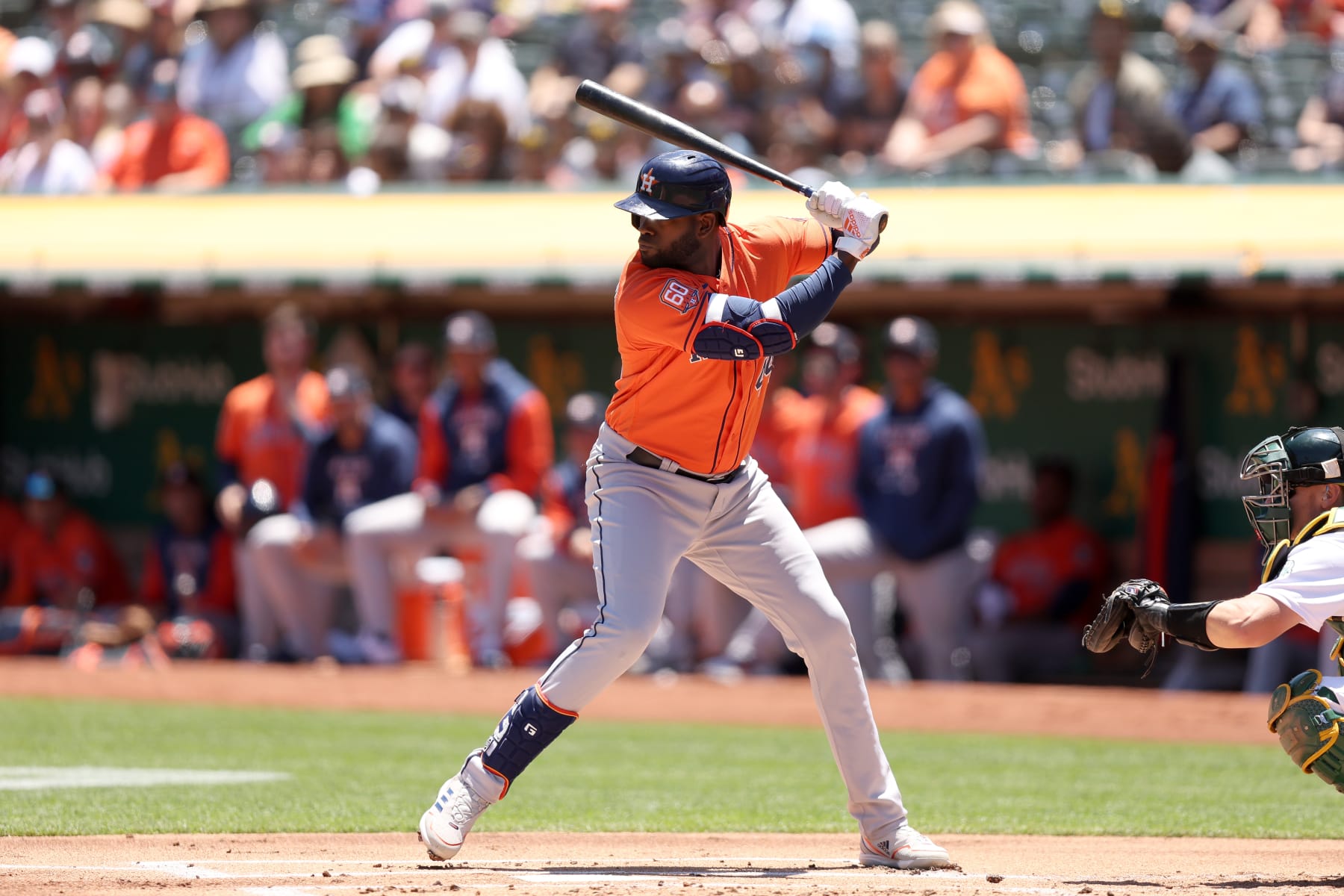 OAKLAND, CALIFORNIA - JULY 09: Yordan Alvarez #44 of the Houston Astros bats against the Oakland Athletics at RingCentral Coliseum on July 09, 2022 in Oakland, California. (Photo by Ezra Shaw/Getty Images)