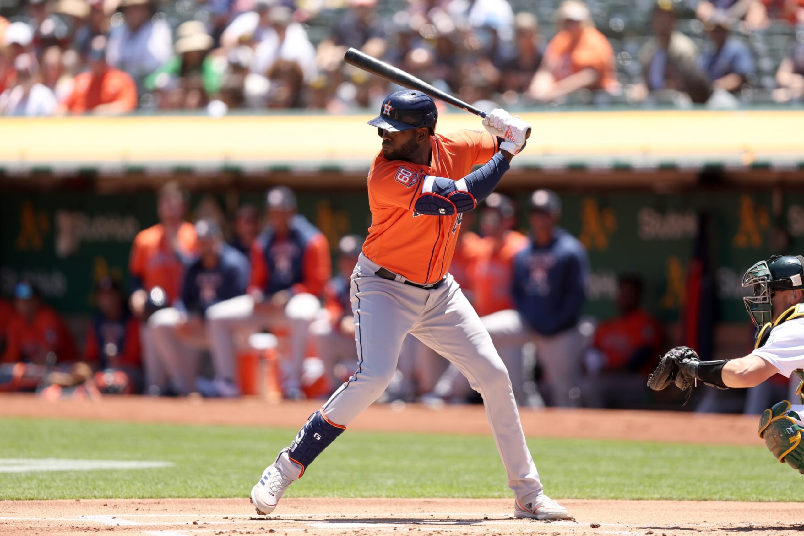 OAKLAND, CALIFORNIA - JULY 09: Yordan Alvarez #44 of the Houston Astros bats against the Oakland Athletics at RingCentral Coliseum on July 09, 2022 in Oakland, California. (Photo by Ezra Shaw/Getty Images) OAKLAND, CALIFORNIA - JULY 09: Yordan Alvarez #44 of the Houston Astros bats against the Oakland Athletics at RingCentral Coliseum on July 09, 2022 in Oakland, California. (Photo by Ezra Shaw/Getty Images)