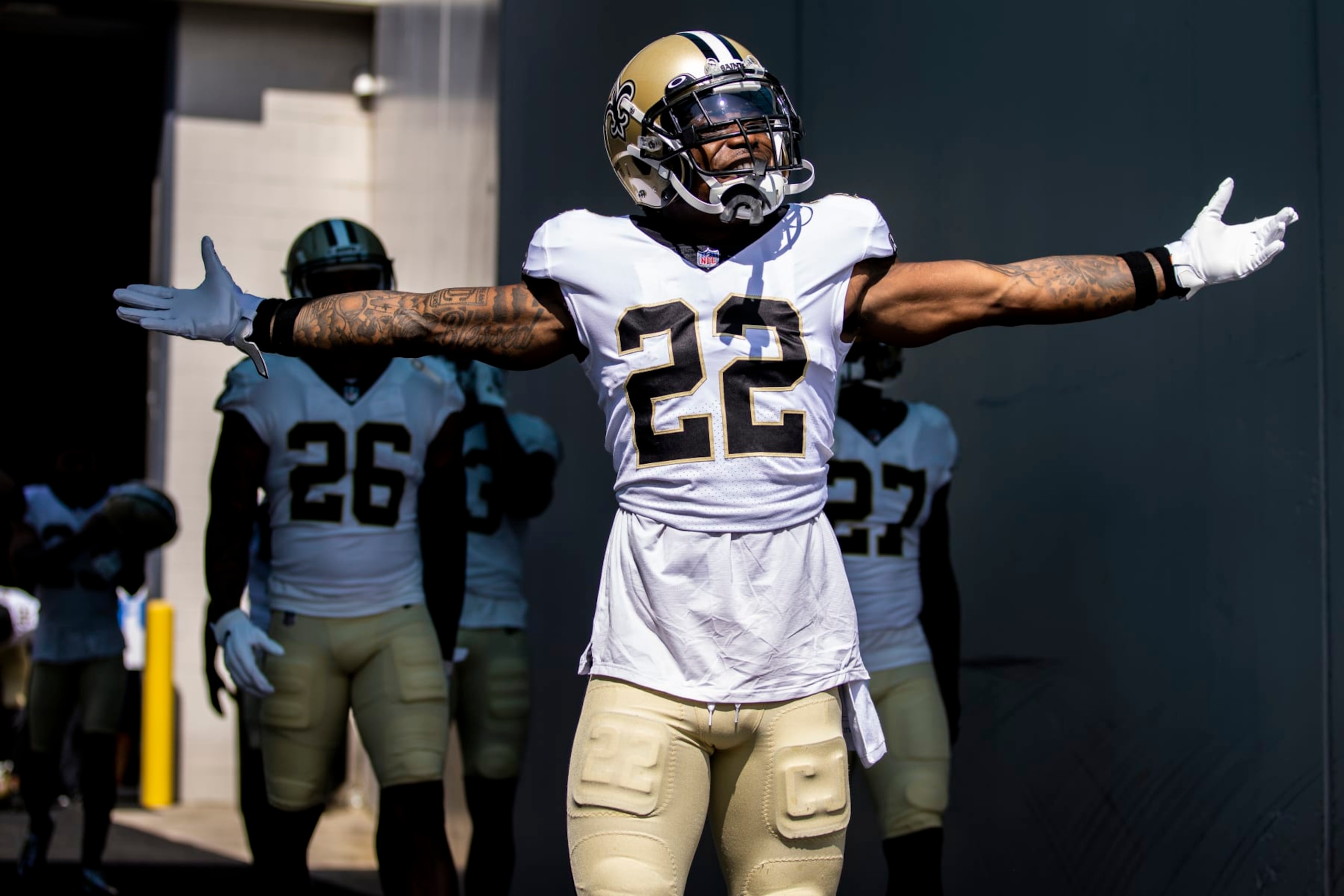 JACKSONVILLE, FLORIDA - SEPTEMBER 12: C.J. Gardner-Johnson #22 of the New Orleans Saints takes the field before the start of a game against the Green Bay Packers at TIAA Bank Field on September 12, 2021 in Jacksonville, Florida. (Photo by James Gilbert/Getty Images)