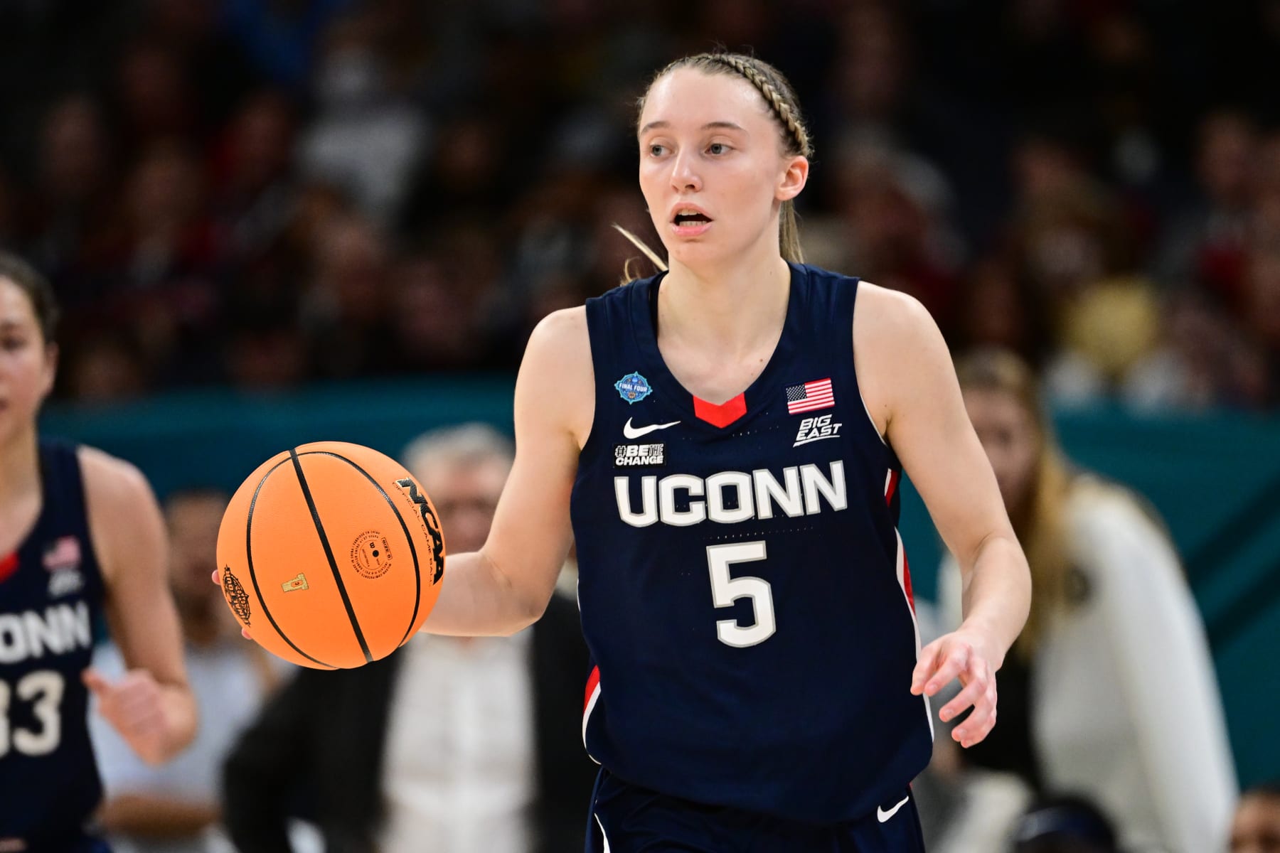 MINNEAPOLIS, MN - APRIL 03: Paige Bueckers #5 of the Connecticut Huskies dribbles against the South Carolina Gamecocks during the championship game of the NCAA Women's Basketball Tournament at Target Center on April 3, 2022 in Minneapolis, Minnesota. (Photo by Ben Solomon/NCAA Photos via Getty Images)