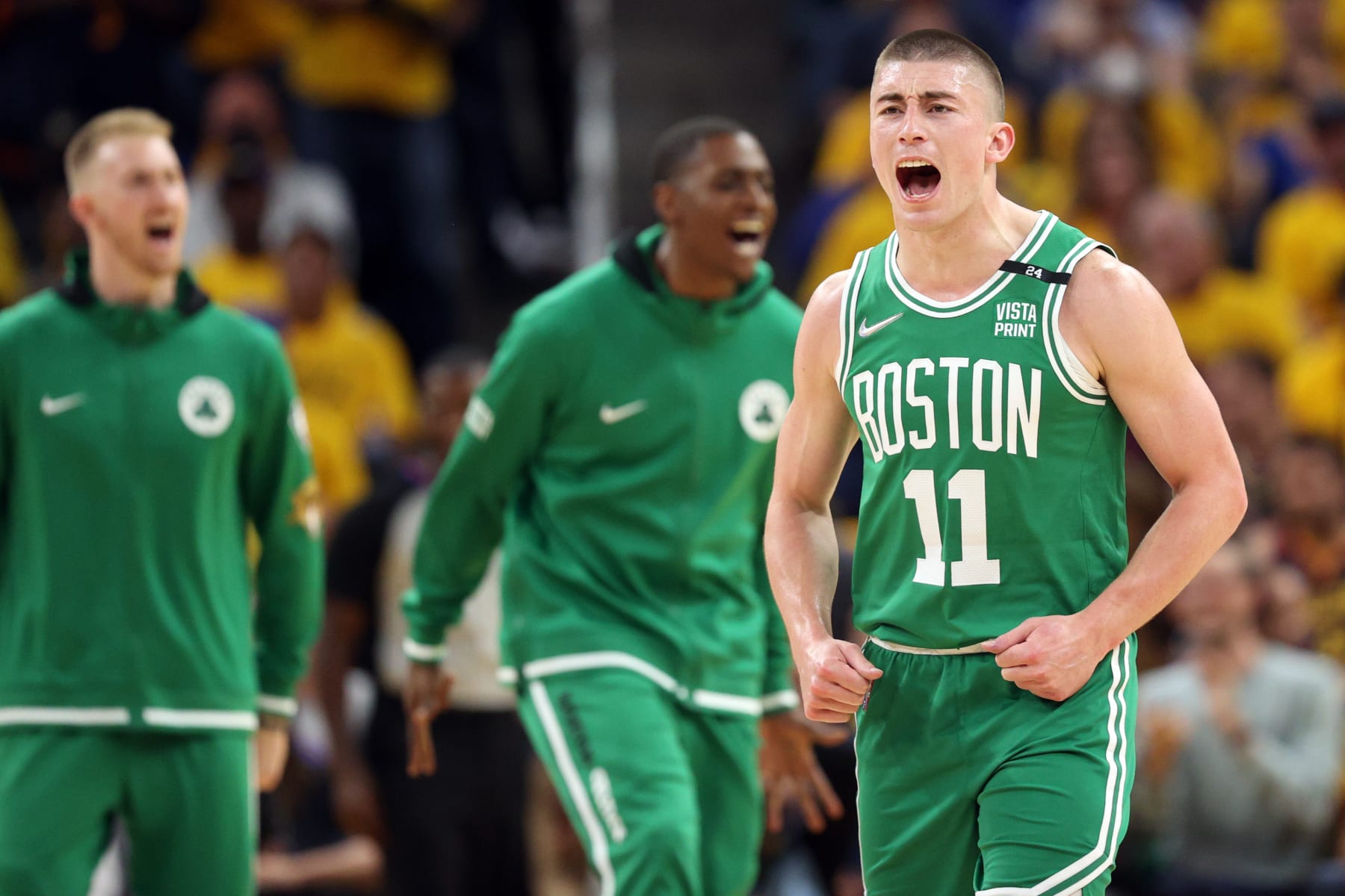SAN FRANCISCO, CALIFORNIA - JUNE 02: Payton Pritchard #11 of the Boston Celtics reacts during the fourth quarter against the Golden State Warriors in Game One of the 2022 NBA Finals at Chase Center on June 02, 2022 in San Francisco, California. NOTE TO USER: User expressly acknowledges and agrees that, by downloading and/or using this photograph, User is consenting to the terms and conditions of the Getty Images License Agreement. (Photo by Ezra Shaw/Getty Images)