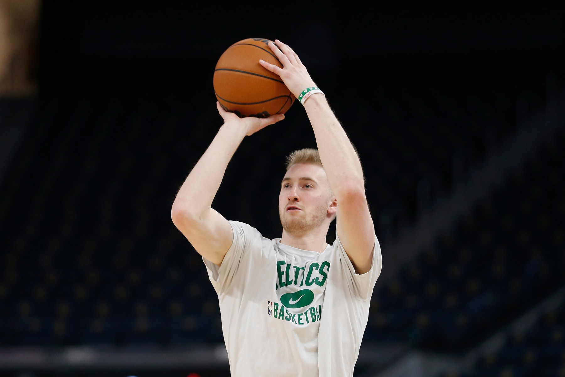 SAN FRANCISCO, CALIFORNIA - MARCH 16: Sam Hauser #30 of the Boston Celtics warms up before the game against the Golden State Warriors at Chase Center on March 16, 2022 in San Francisco, California. NOTE TO USER: User expressly acknowledges and agrees that, by downloading and/or using this photograph, User is consenting to the terms and conditions of the Getty Images License Agreement. (Photo by Lachlan Cunningham/Getty Images)