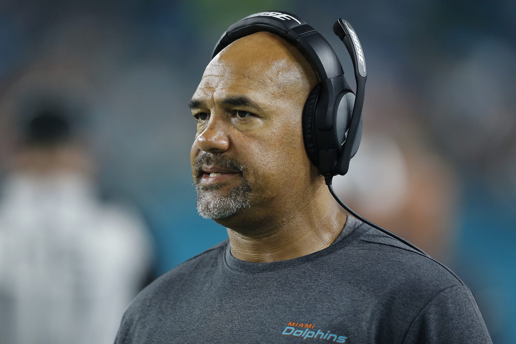 MIAMI, FLORIDA - AUGUST 08:  Running backs coach Eric Studesville of the Miami Dolphins looks on against the Atlanta Falcons during the preseason game at Hard Rock Stadium on August 08, 2019 in Miami, Florida. (Photo by Michael Reaves/Getty Images)