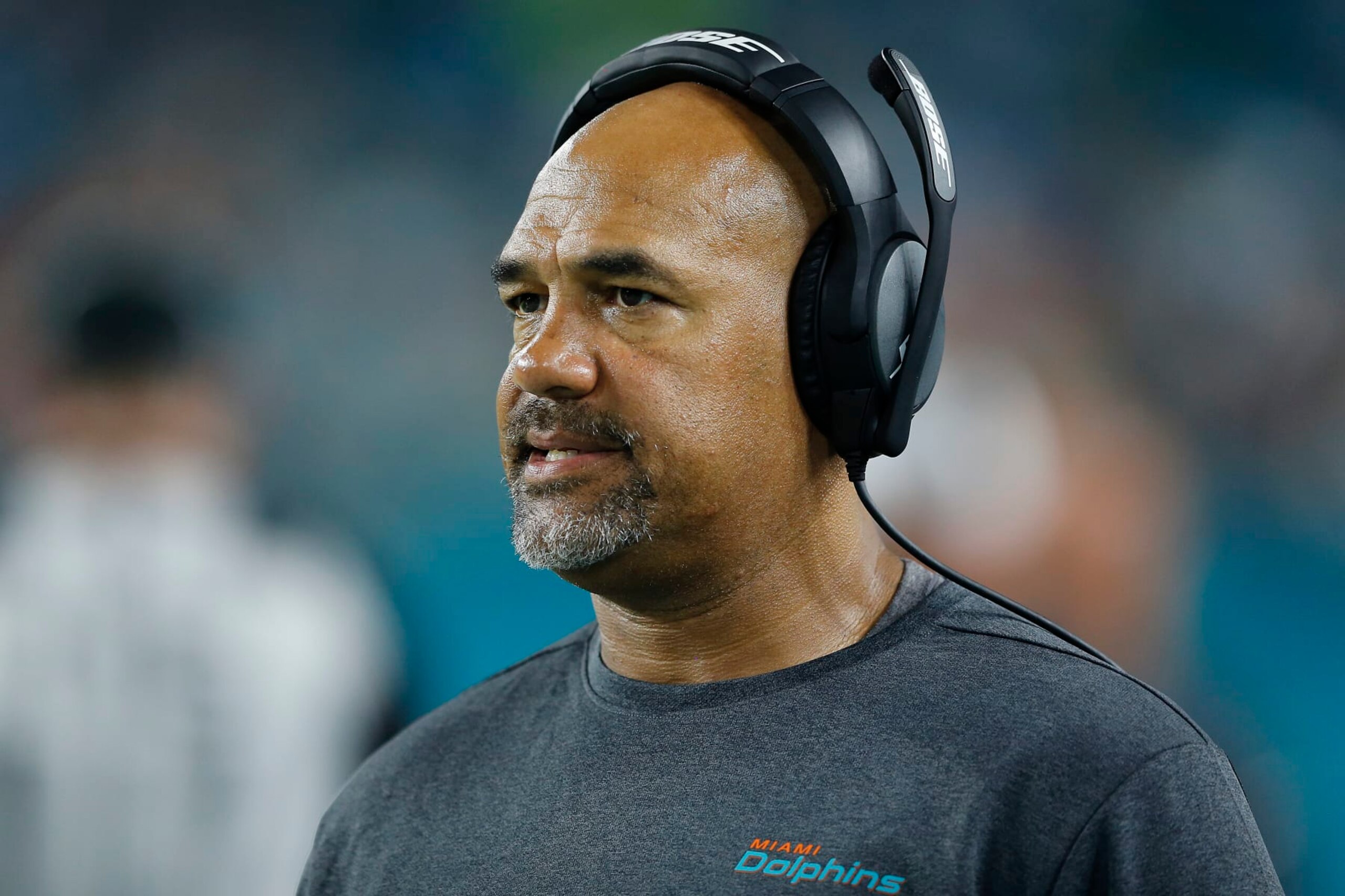 MIAMI, FLORIDA - AUGUST 08:  Running backs coach Eric Studesville of the Miami Dolphins looks on against the Atlanta Falcons during the preseason game at Hard Rock Stadium on August 08, 2019 in Miami, Florida. (Photo by Michael Reaves/Getty Images)