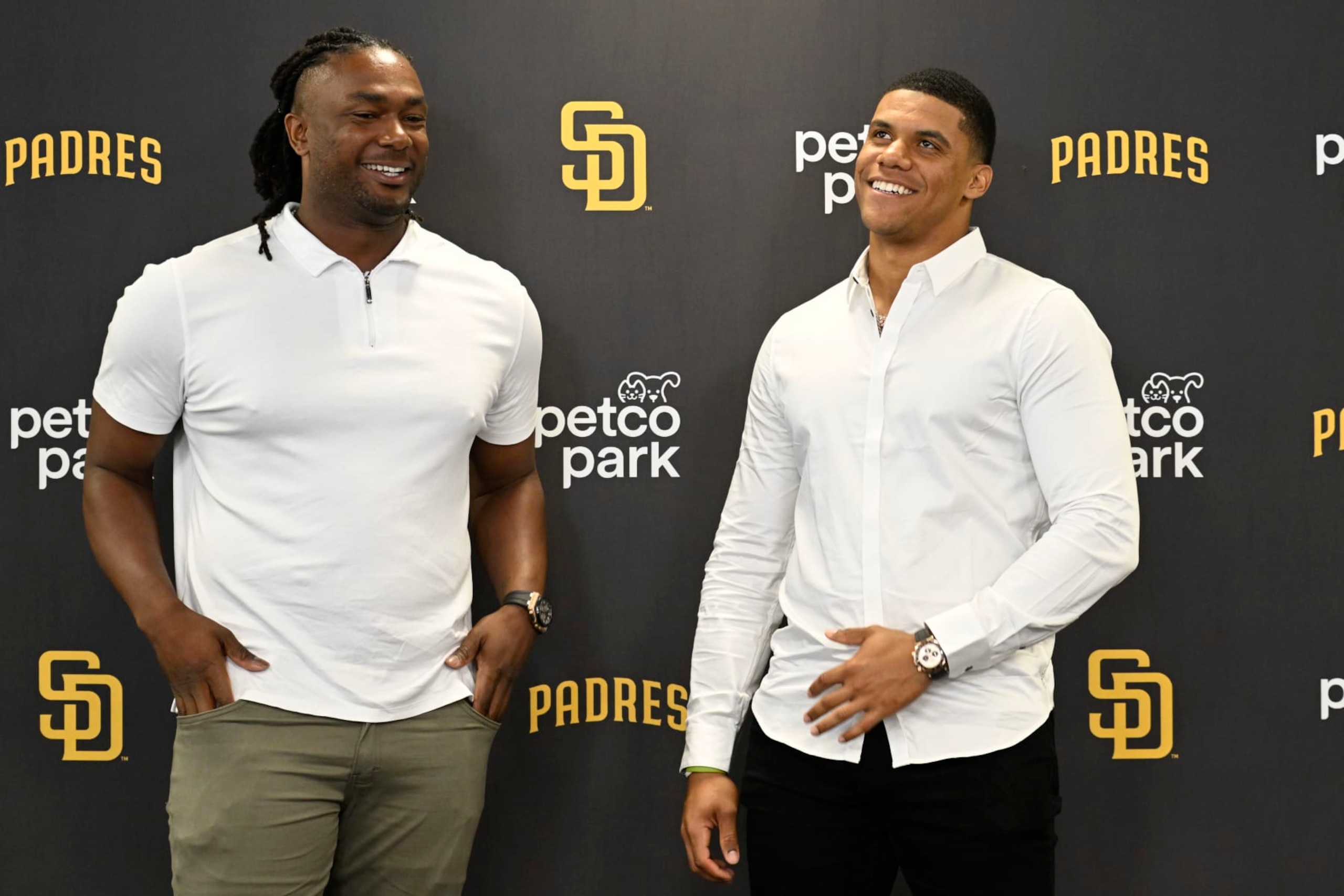 SAN DIEGO, CA - AUGUST 3: Juan Soto #22 of the San Diego Padres, right, and Josh Bell #19 talk during a news conference held to introduce them to the team August 3, 2022 at Petco Park in San Diego, California. (Photo by Denis Poroy/Getty Images) SAN DIEGO, CA - AUGUST 3: Juan Soto #22 of the San Diego Padres, right, and Josh Bell #19 talk during a news conference held to introduce them to the team August 3, 2022 at Petco Park in San Diego, California. (Photo by Denis Poroy/Getty Images)