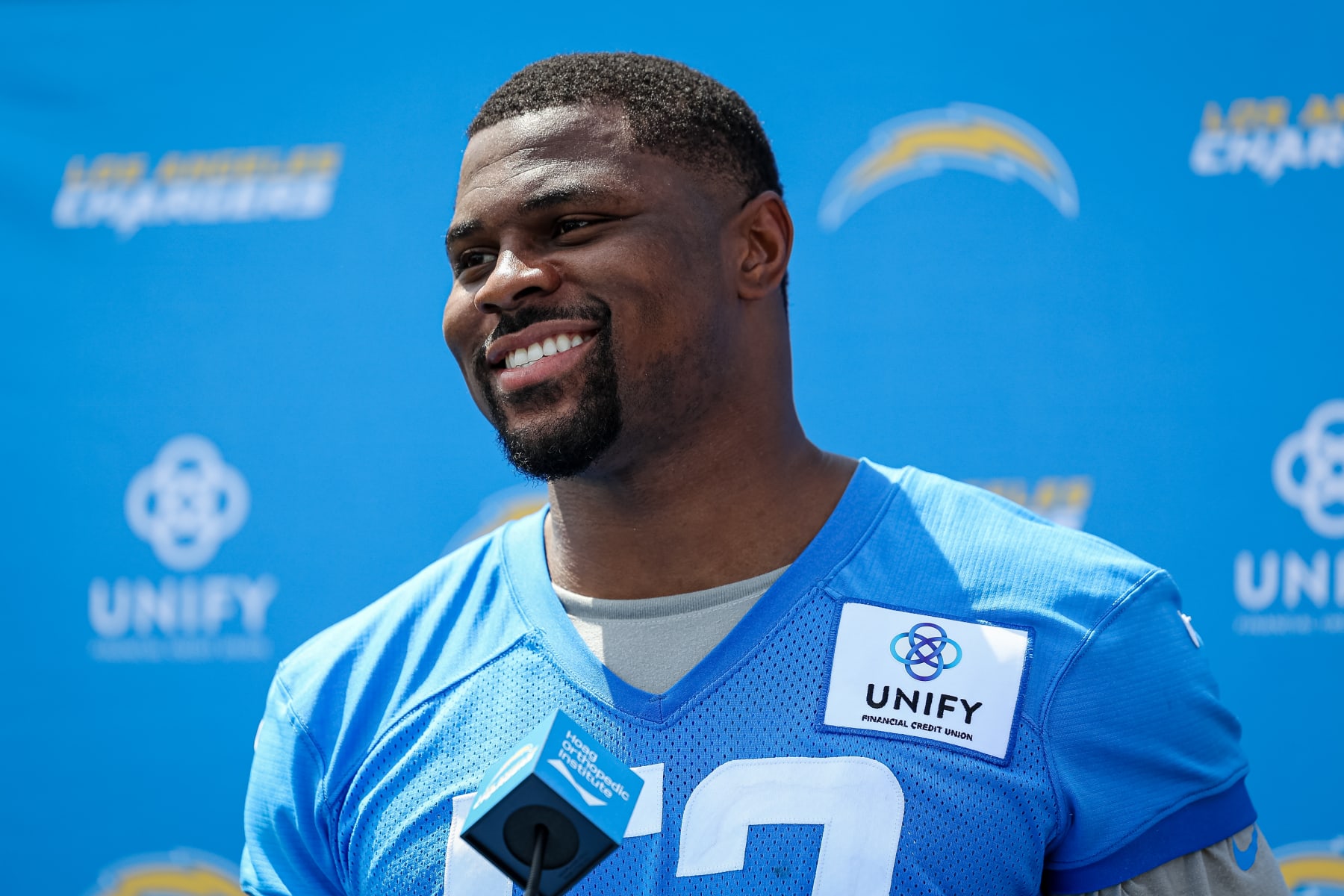 COSTA MESA, CA - JULY 27: Khalil Mack #52 of the Los Angeles Chargers speaks with the media during training camp at Jack Hammett Sports Complex on July 27, 2022 in Costa Mesa, California. (Photo by Scott Taetsch/Getty Images)