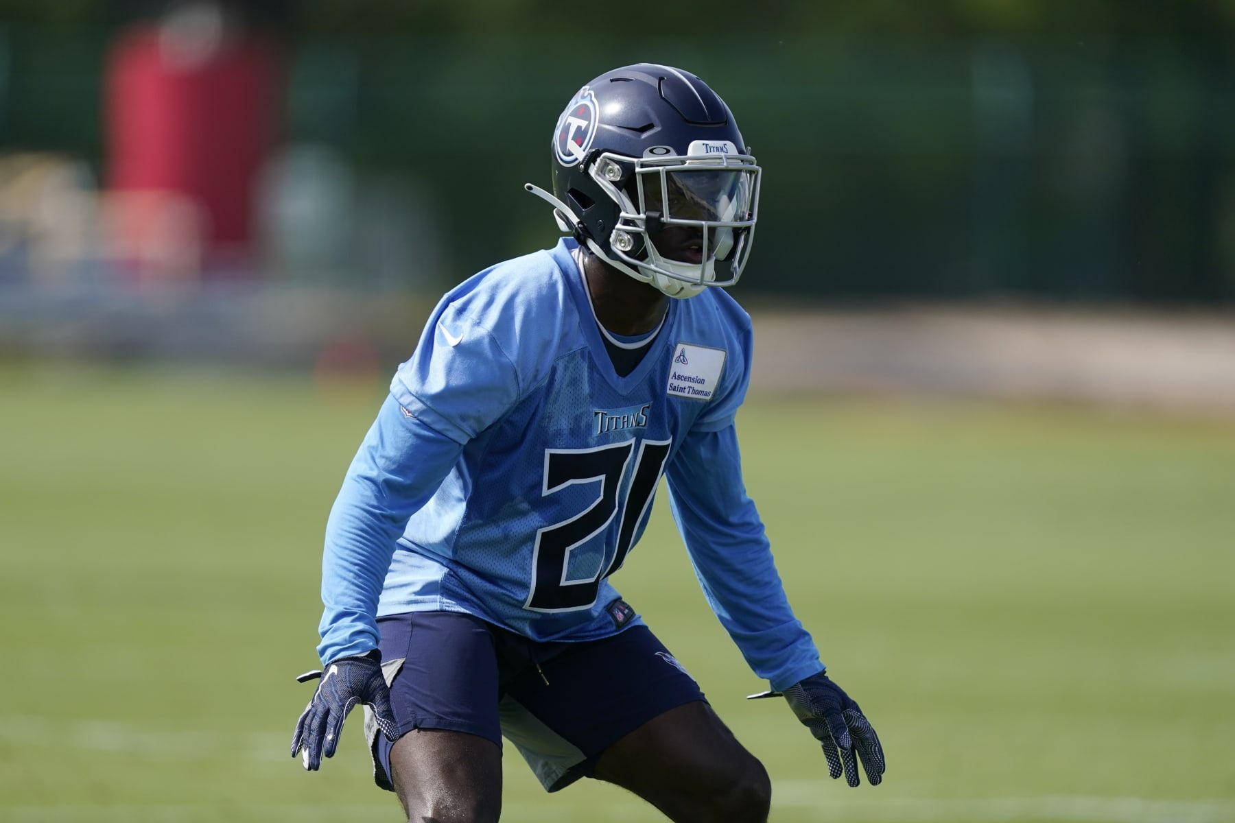 Tennessee Titans cornerback Roger McCreary takes part in a drill at the NFL football team's practice facility Wednesday, June 1, 2022, in Nashville, Tenn. (AP Photo/Mark Humphrey)