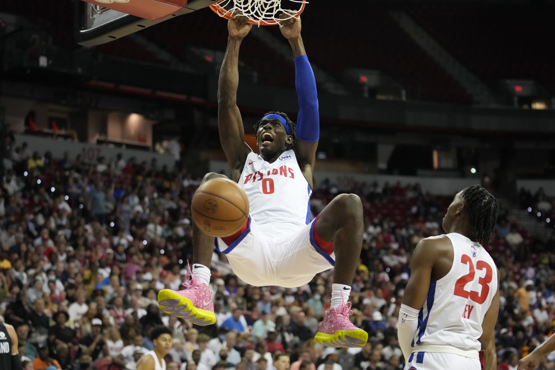 Detroit Pistons' Jalen Duren dunks against the Portland Trail Blazers during the first half an NBA summer league basketball game Thursday, July 7, 2022, in Las Vegas. (AP Photo/John Locher)