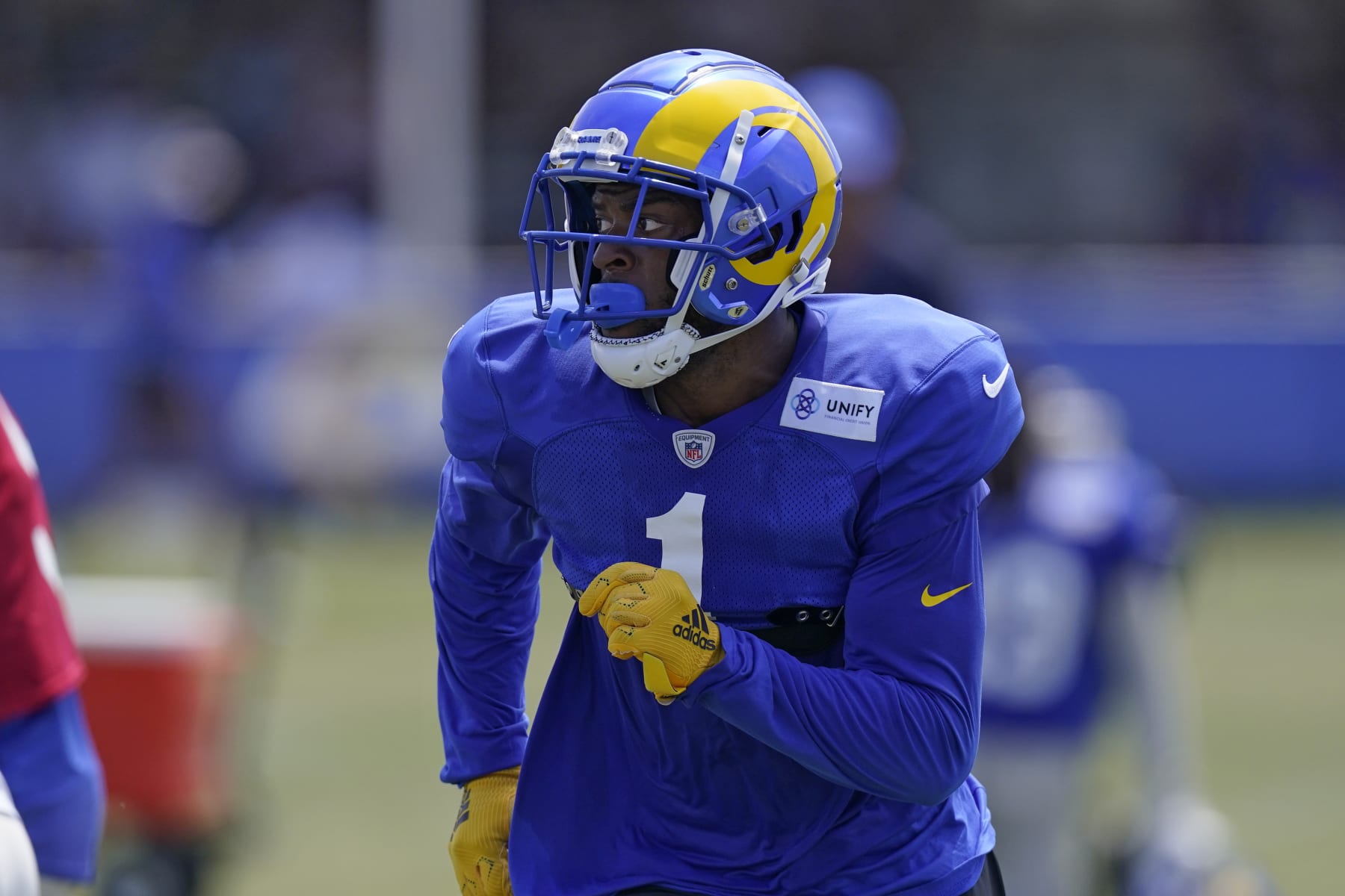 Los Angeles Rams wide receiver Allen Robinson runs a play during an NFL football practice Saturday, July 30, 2022, in Irvine, Calif. (AP Photo/Mark J. Terrill)