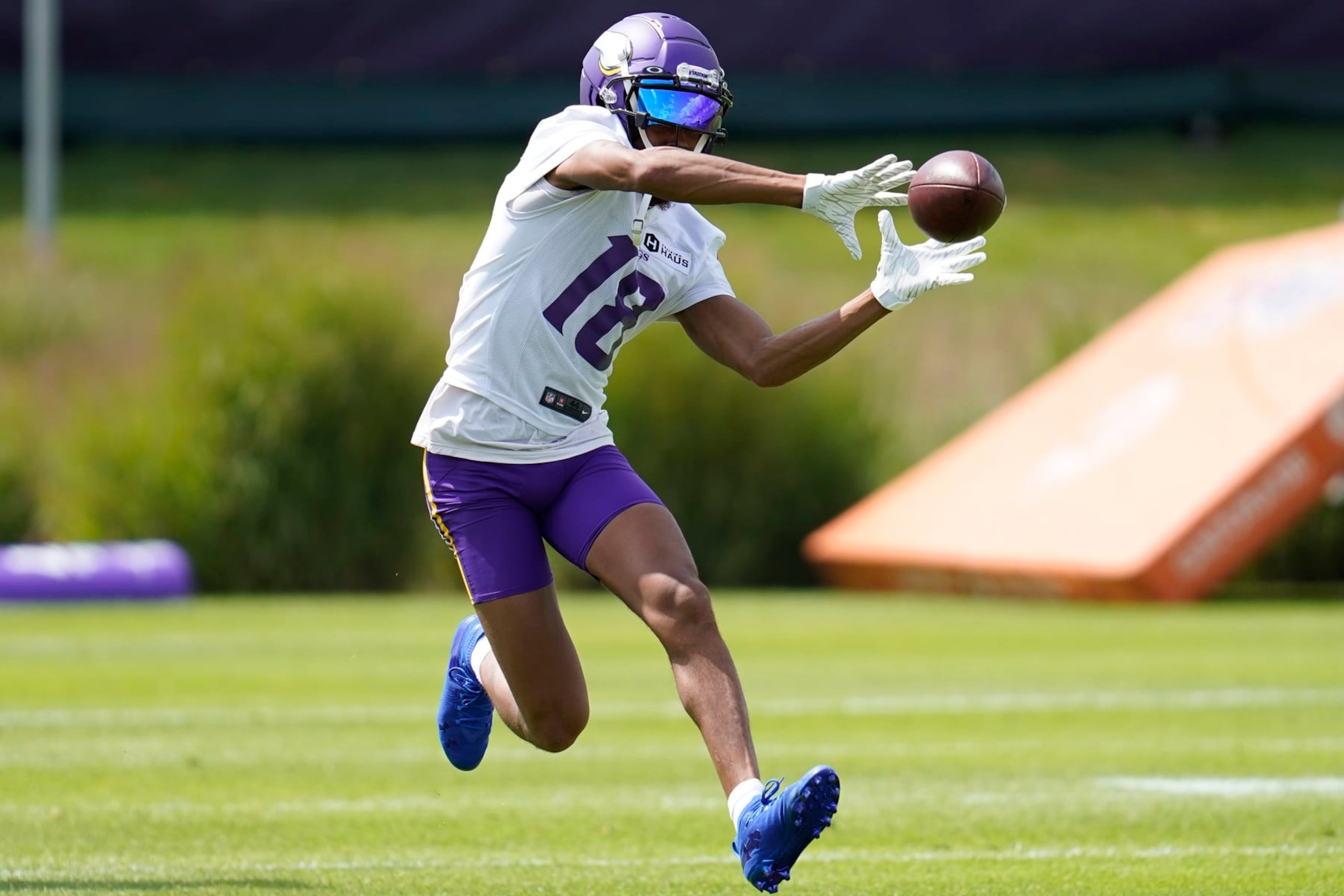 Minnesota Vikings wide receiver Justin Jefferson (18) participates in drills during the NFL football team's training camp in Eagan, Minn., Wednesday, July 27, 2022. (AP Photo/Abbie Parr) Minnesota Vikings wide receiver Justin Jefferson (18) participates in drills during the NFL football team's training camp in Eagan, Minn., Wednesday, July 27, 2022. (AP Photo/Abbie Parr)
