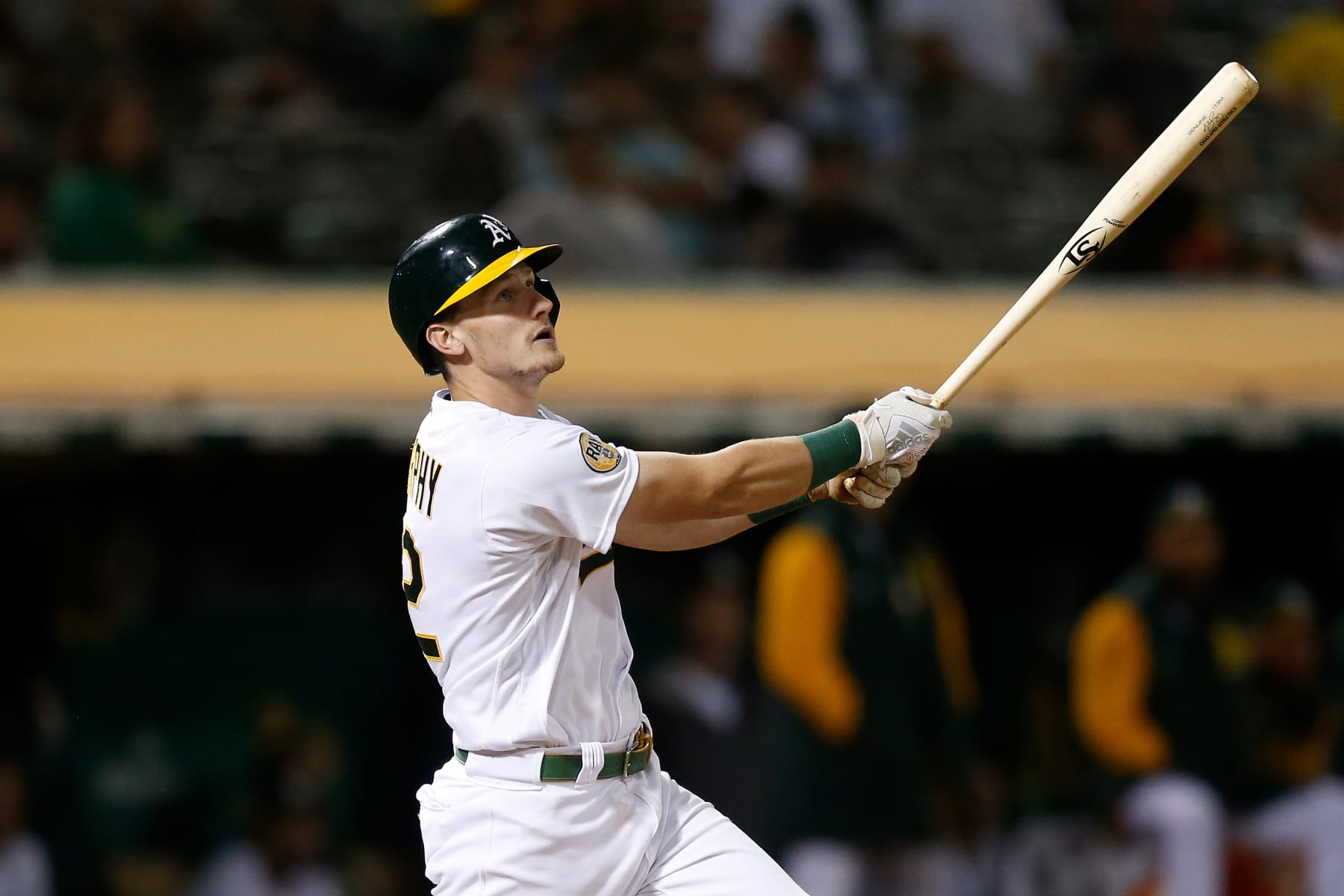 OAKLAND, CALIFORNIA - JULY 26: Sean Murphy #12 of the Oakland Athletics at bat against the Houston Astros at RingCentral Coliseum on July 26, 2022 in Oakland, California. (Photo by Lachlan Cunningham/Getty Images)