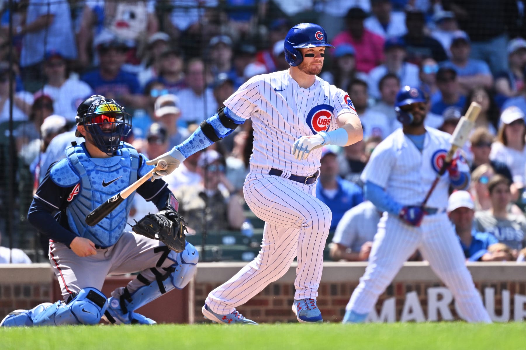 CHICAGO, IL - JUNE 19:  Ian Happ #8 of the Chicago Cubs bats against the Atlanta Braves at Wrigley Field on June 19, 2022 in Chicago, Illinois.  (Photo by Jamie Sabau/Getty Images)