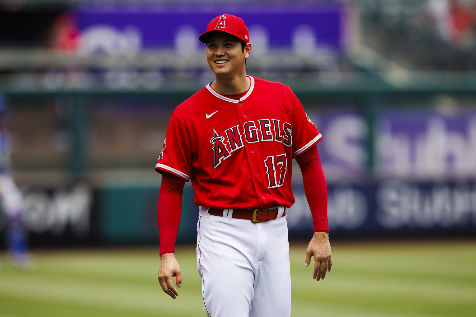 ANAHEIM, CA - JULY 31: Los Angeles Angels starting pitcher Shohei Ohtani (17) smiles during the MLB regular season game against the Texas Rangers on July 31, 2022 at Angel Stadium in Anaheim, Calif. (Photo by Ric Tapia/Icon Sportswire via Getty Images)