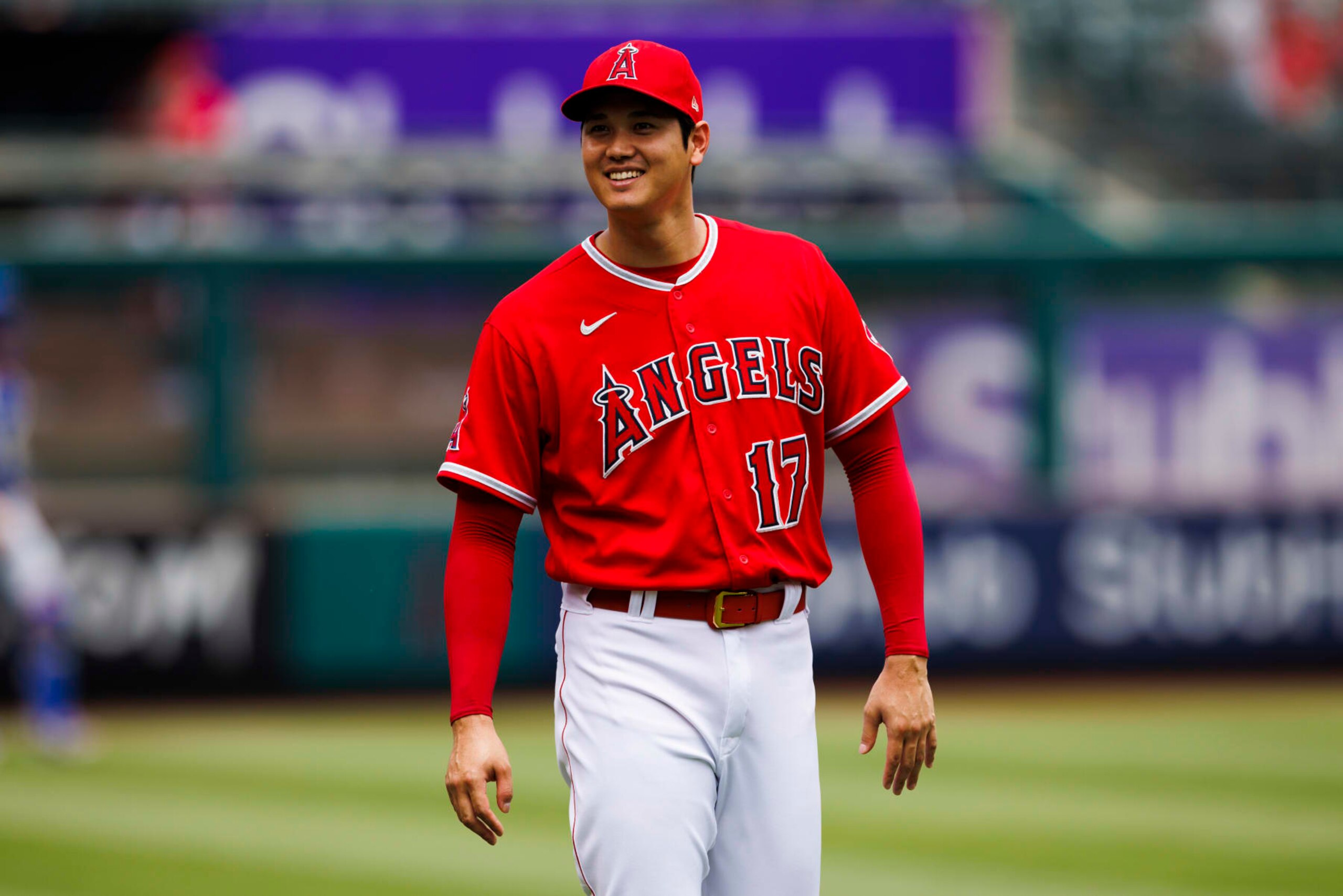 ANAHEIM, CA - JULY 31: Los Angeles Angels starting pitcher Shohei Ohtani (17) smiles during the MLB regular season game against the Texas Rangers on July 31, 2022 at Angel Stadium in Anaheim, Calif. (Photo by Ric Tapia/Icon Sportswire via Getty Images)