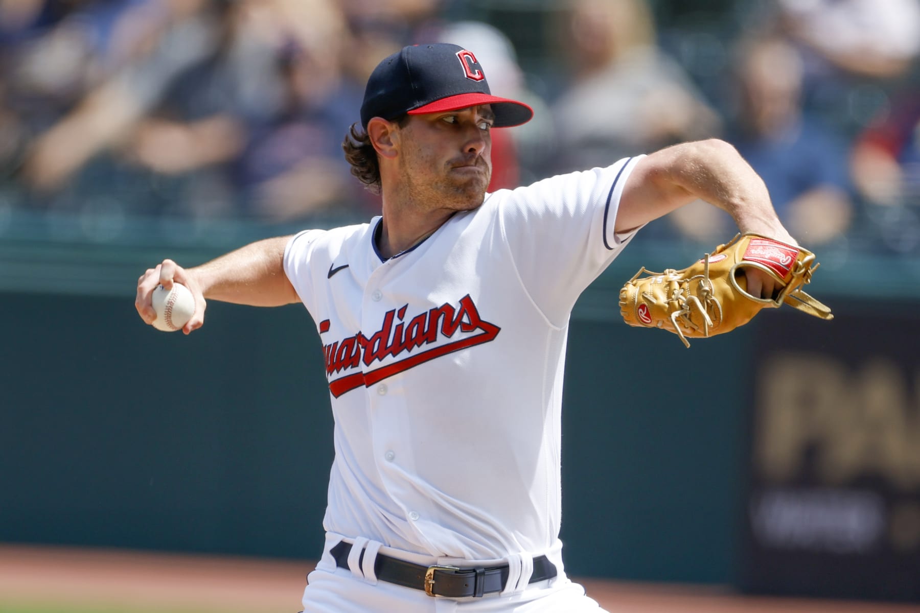 CLEVELAND, OH - AUGUST 03: Shane Bieber #57 of the Cleveland Guardians pitches against the Arizona Diamondbacks during the first inning at Progressive Field on August 03, 2022 in Cleveland, Ohio. (Photo by Ron Schwane/Getty Images)