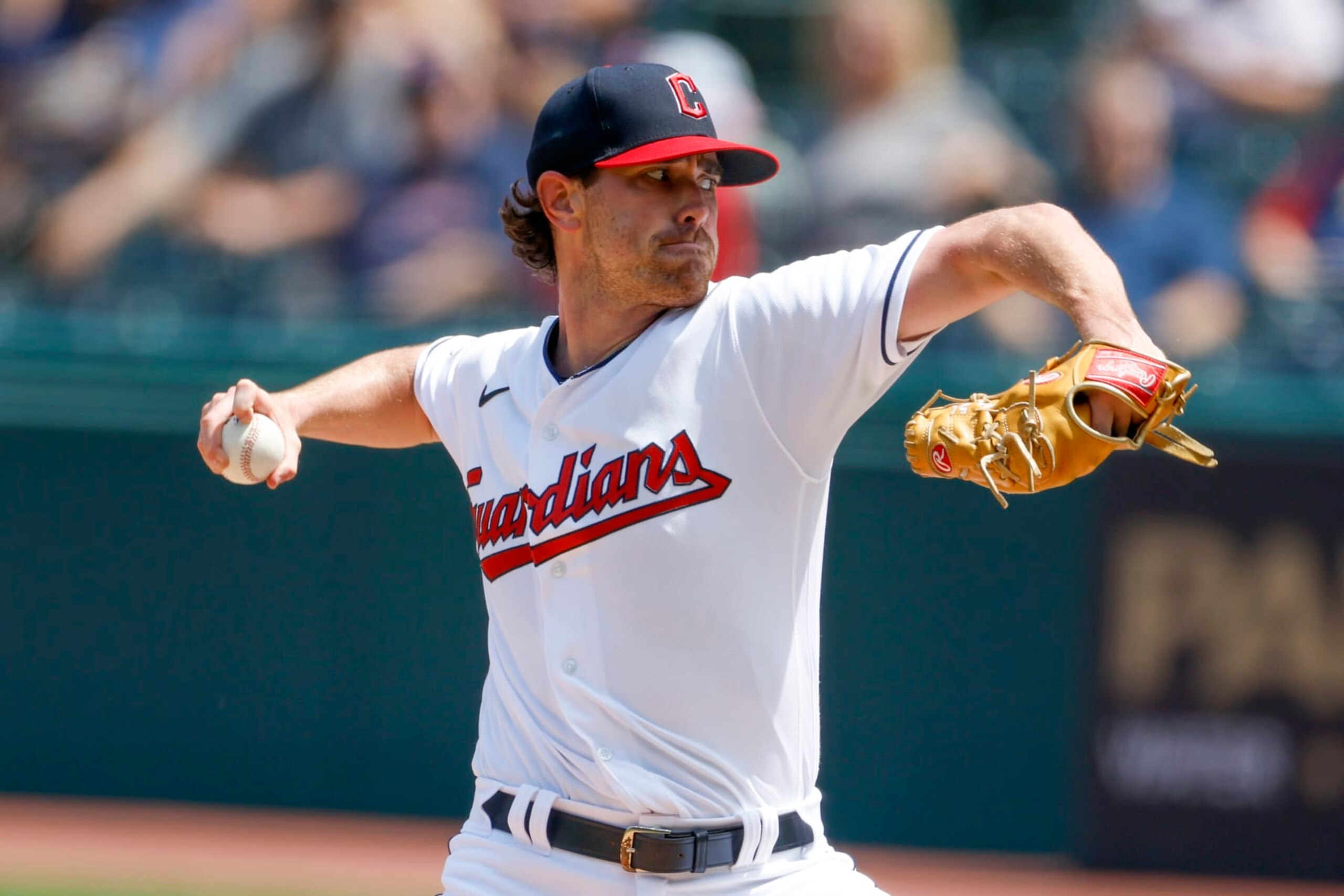 CLEVELAND, OH - AUGUST 03: Shane Bieber #57 of the Cleveland Guardians pitches against the Arizona Diamondbacks during the first inning at Progressive Field on August 03, 2022 in Cleveland, Ohio. (Photo by Ron Schwane/Getty Images)