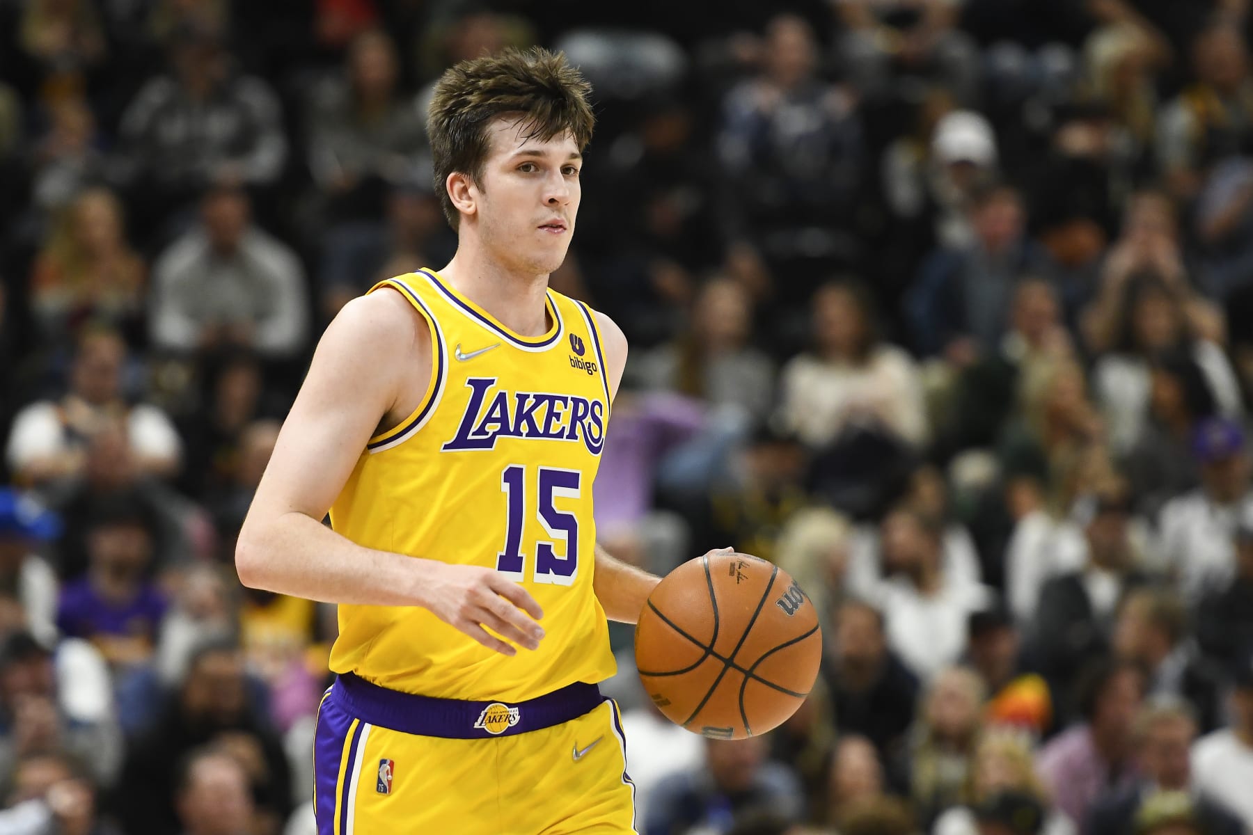 SALT LAKE CITY, UTAH - MARCH 31: Austin Reaves #15 of the Los Angeles Lakers in action during the first half of a game against the Utah Jazz at Vivint Smart Home Arena on March 31, 2022 in Salt Lake City, Utah. NOTE TO USER: User expressly acknowledges and agrees that, by downloading and or using this photograph, User is consenting to the terms and conditions of the Getty Images License Agreement. (Photo by Alex Goodlett/Getty Images)