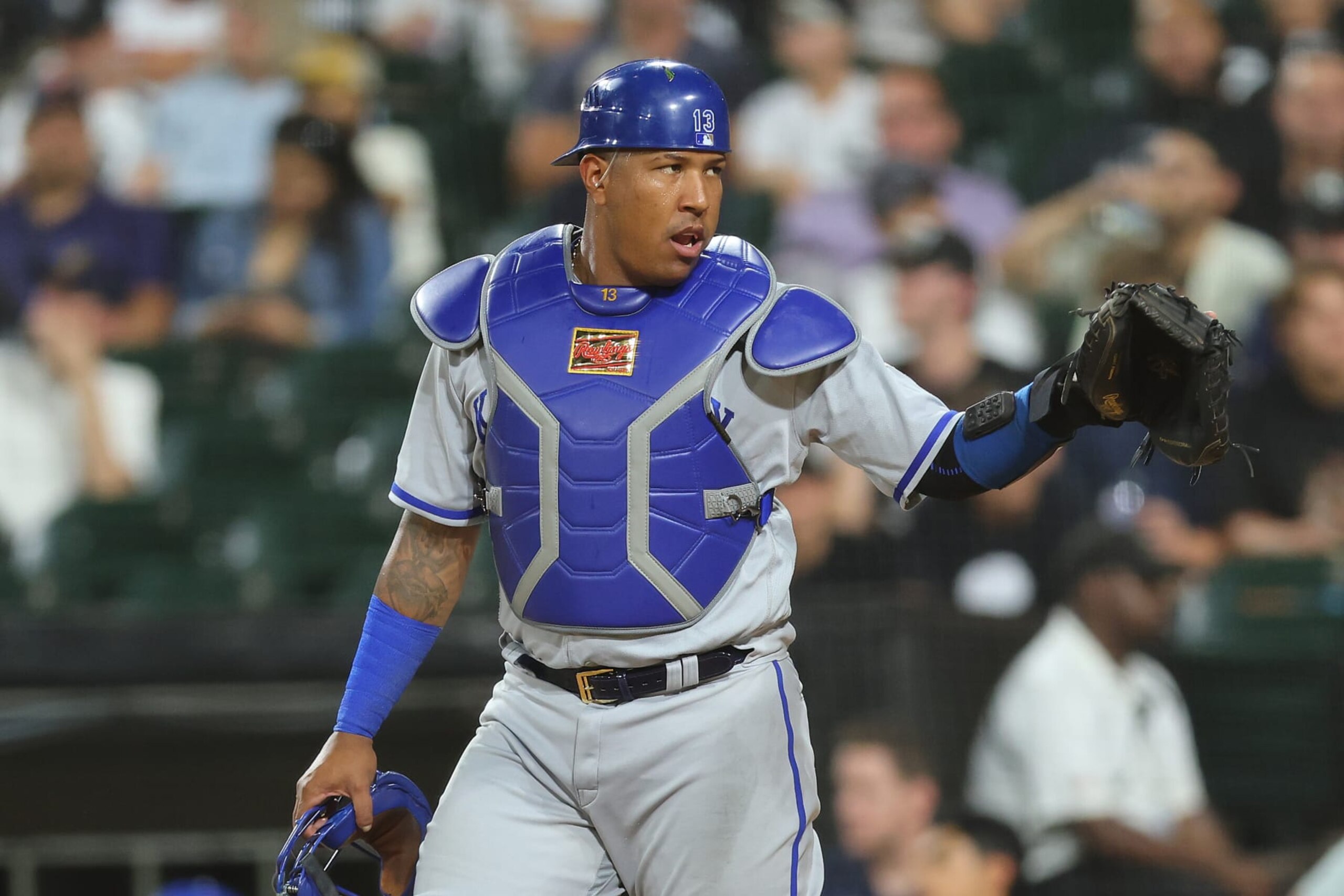 CHICAGO, ILLINOIS - AUGUST 01: Salvador Perez #13 of the Kansas City Royals looks on against the Chicago White Sox at Guaranteed Rate Field on August 01, 2022 in Chicago, Illinois. (Photo by Michael Reaves/Getty Images)
