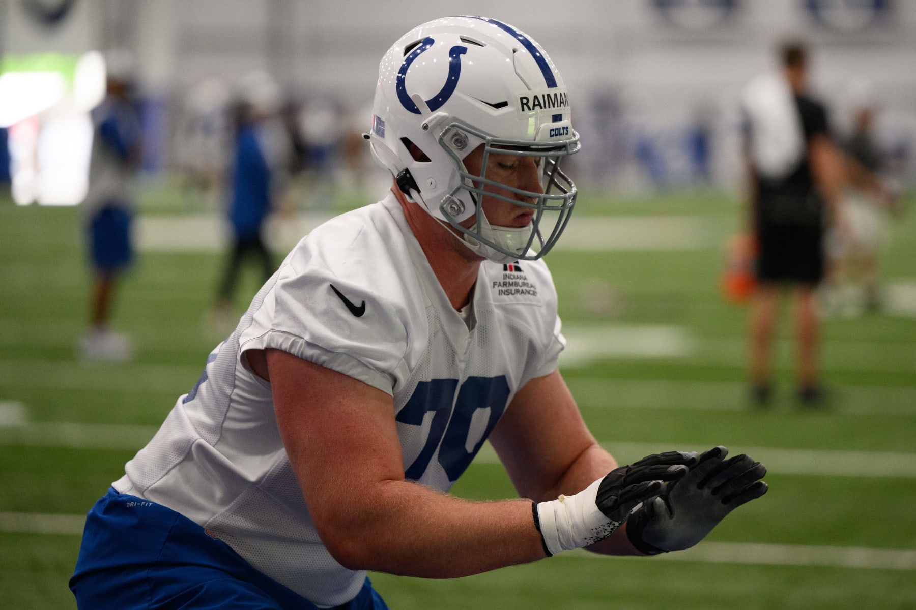 INDIANAPOLIS, IN - MAY 25:Indianapolis Colts tackle Bernhard Raimann (79) runs through a drill during the Indianapolis Colts OTA offseason workouts on May 25, 2022 at the Indiana Farm Bureau Football Center in Indianapolis, IN. (Photo by Zach Bolinger/Icon Sportswire via Getty Images)
