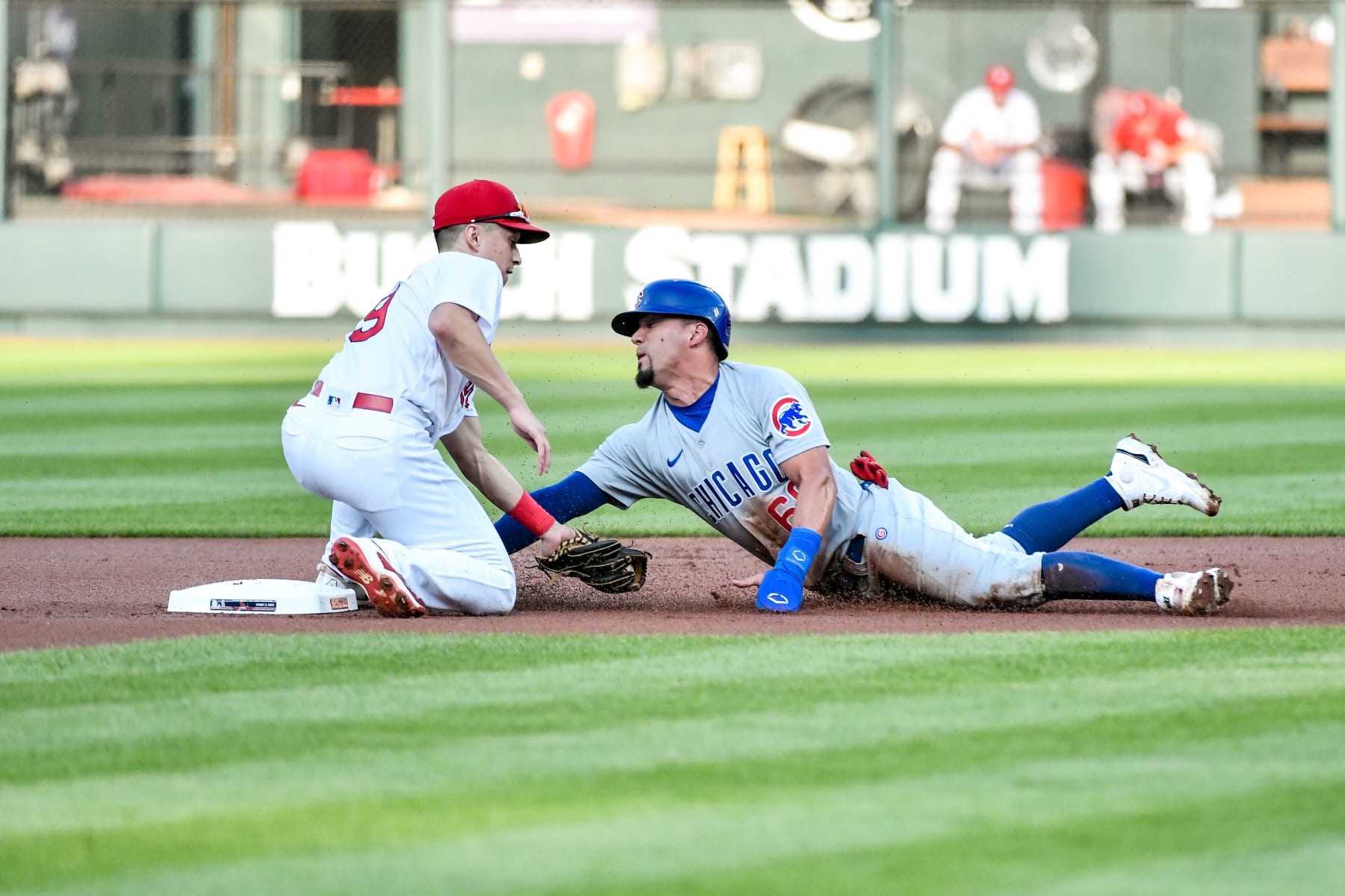 ST. LOUIS, MO - AUG 02: St. Louis Cardinals second baseman Tommy Edman (19) applies the tag to Chicago Cubs center fielder Rafael Ortega (66) for a caught stealing out at second base during a game between the Chicago Cubs and the St. Louis Cardinals on Aug 02, 2022, at Busch Stadium in St. Louis MO (Photo by Rick Ulreich/Icon Sportswire via Getty Images)
