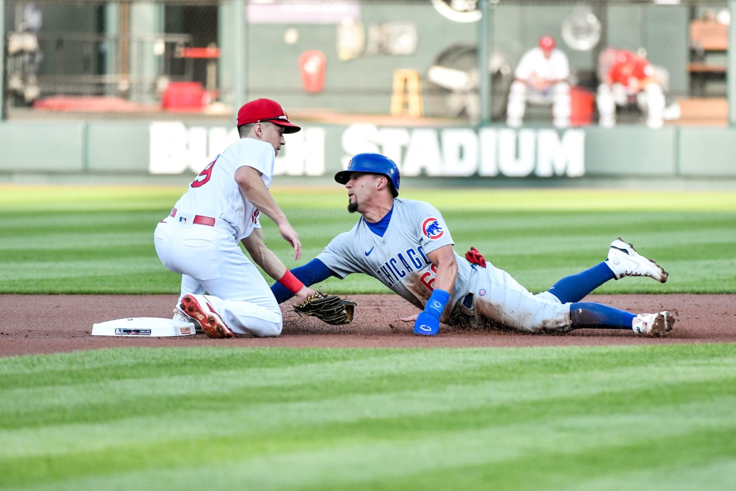 ST. LOUIS, MO - AUG 02: St. Louis Cardinals second baseman Tommy Edman (19) applies the tag to Chicago Cubs center fielder Rafael Ortega (66) for a caught stealing out at second base during a game between the Chicago Cubs and the St. Louis Cardinals on Aug 02, 2022, at Busch Stadium in St. Louis MO (Photo by Rick Ulreich/Icon Sportswire via Getty Images)