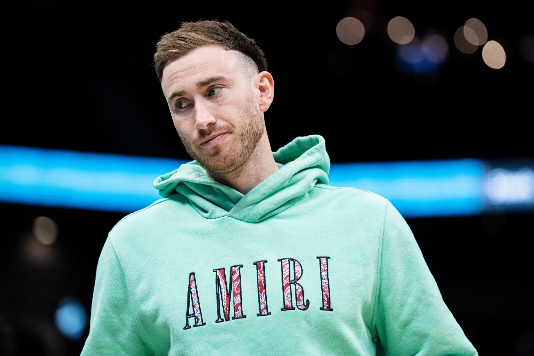 CHARLOTTE, NORTH CAROLINA - MARCH 28: Gordon Hayward of the Charlotte Hornets looks on in the first quarter against the Denver Nuggets at Spectrum Center on March 28, 2022 in Charlotte, North Carolina. NOTE TO USER: User expressly acknowledges and agrees that, by downloading and or using this photograph, User is consenting to the terms and conditions of the Getty Images License Agreement. (Photo by Jacob Kupferman/Getty Images)