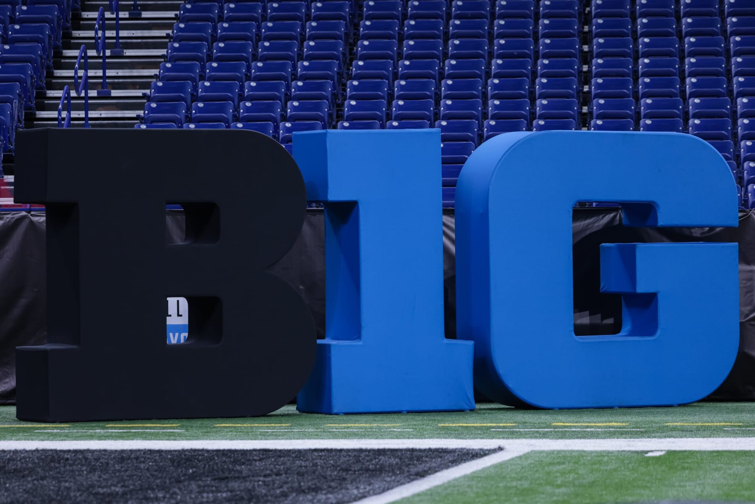 INDIANAPOLIS, IN - JULY 26: General view of the Big Ten Conference logo seen on the field during the 2022 Big Ten Conference Football Media Days at Lucas Oil Stadium on July 26, 2022 in Indianapolis, Indiana. (Photo by Michael Hickey/Getty Images) INDIANAPOLIS, IN - JULY 26: General view of the Big Ten Conference logo seen on the field during the 2022 Big Ten Conference Football Media Days at Lucas Oil Stadium on July 26, 2022 in Indianapolis, Indiana. (Photo by Michael Hickey/Getty Images)