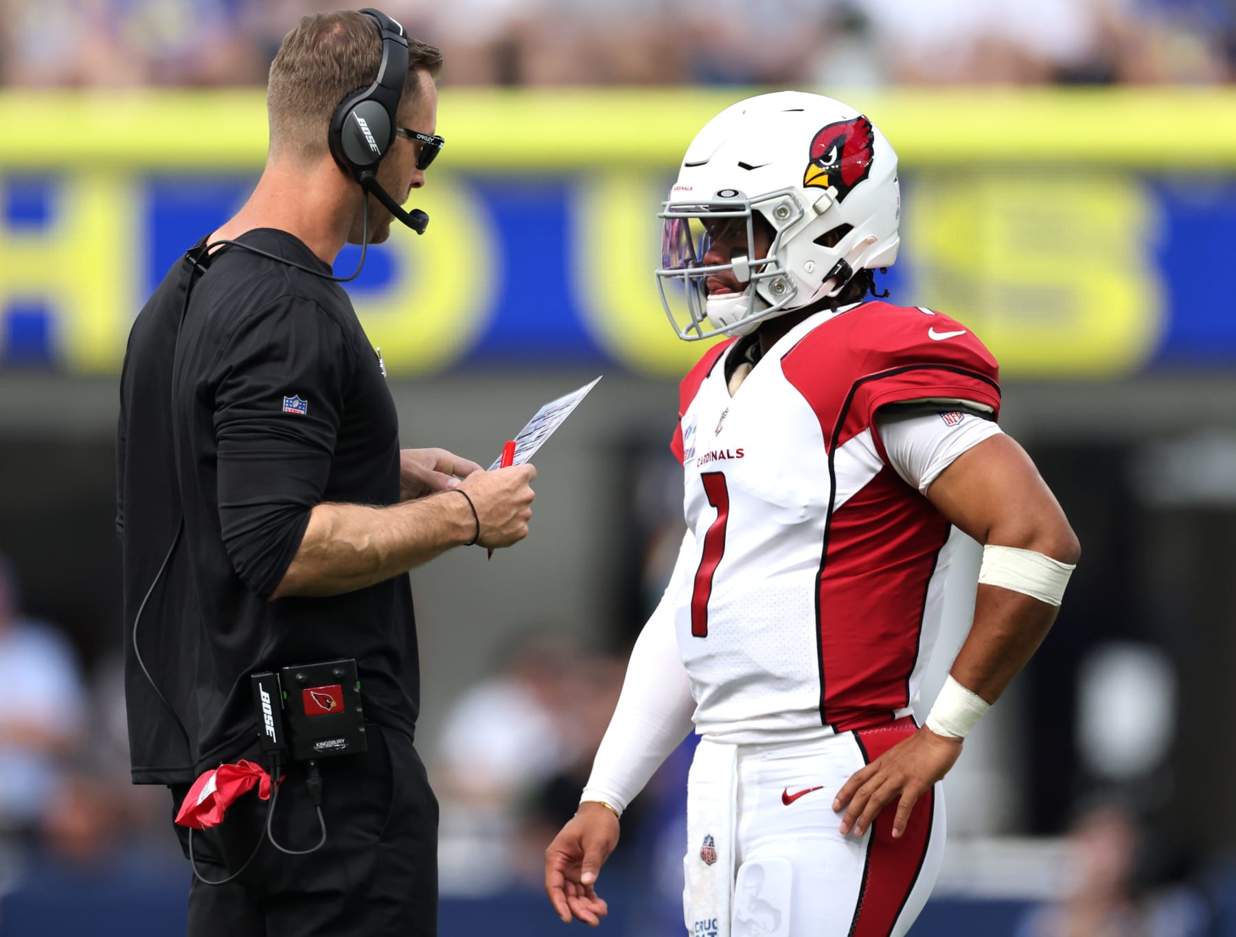INGLEWOOD, CALIFORNIA - OCTOBER 03: Head coach Kliff Kingsbury and Kyler Murray #1 of the Arizona Cardinals talk on the side line during the game against the Los Angeles Rams at SoFi Stadium on October 03, 2021 in Inglewood, California. (Photo by Harry How/Getty Images)