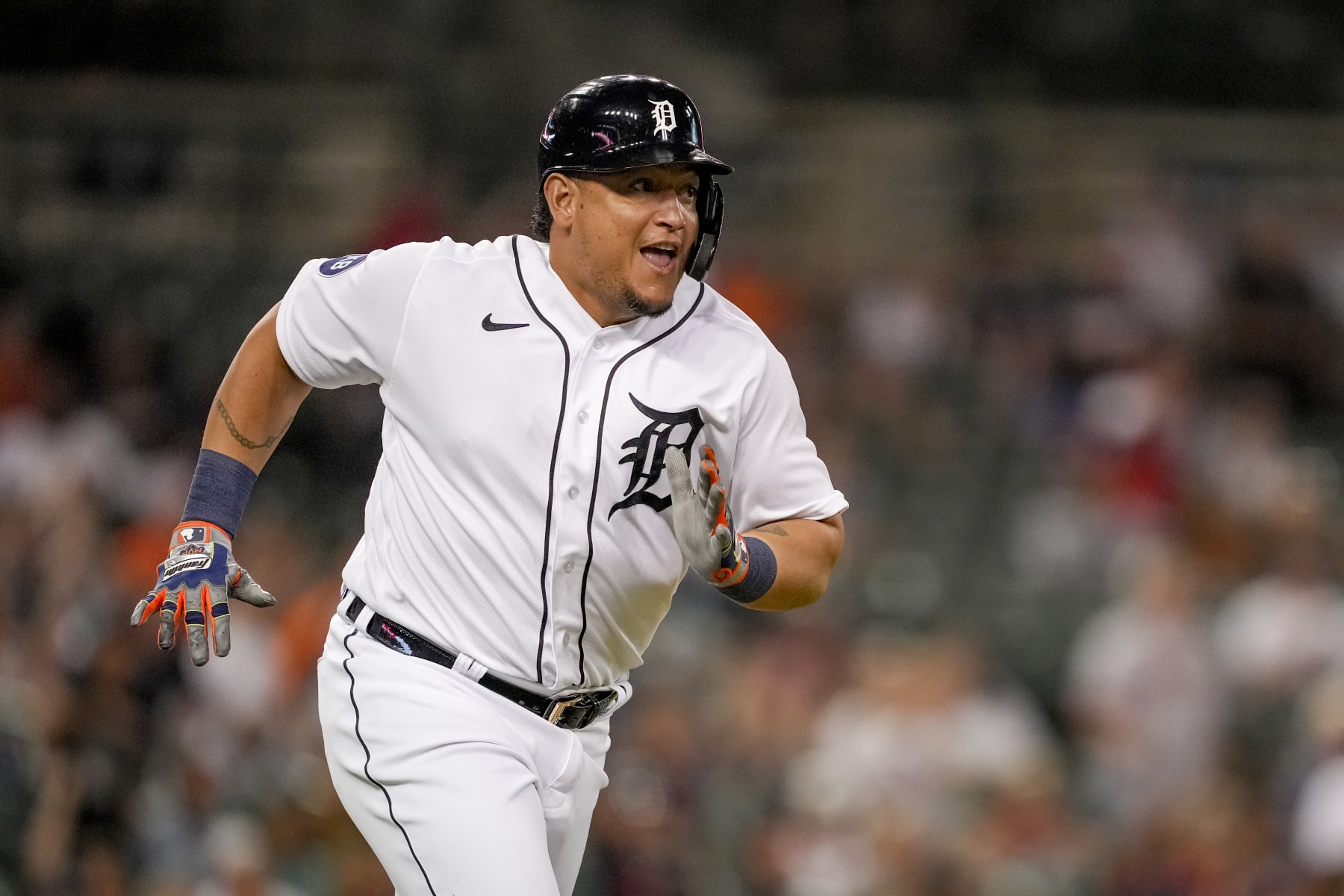 DETROIT, MICHIGAN - JULY 26: Miguel Cabrera #24 of the Detroit Tigers runs in action against the San Diego Padres at Comerica Park on July 26, 2022 in Detroit, Michigan. (Photo by Nic Antaya/Getty Images)