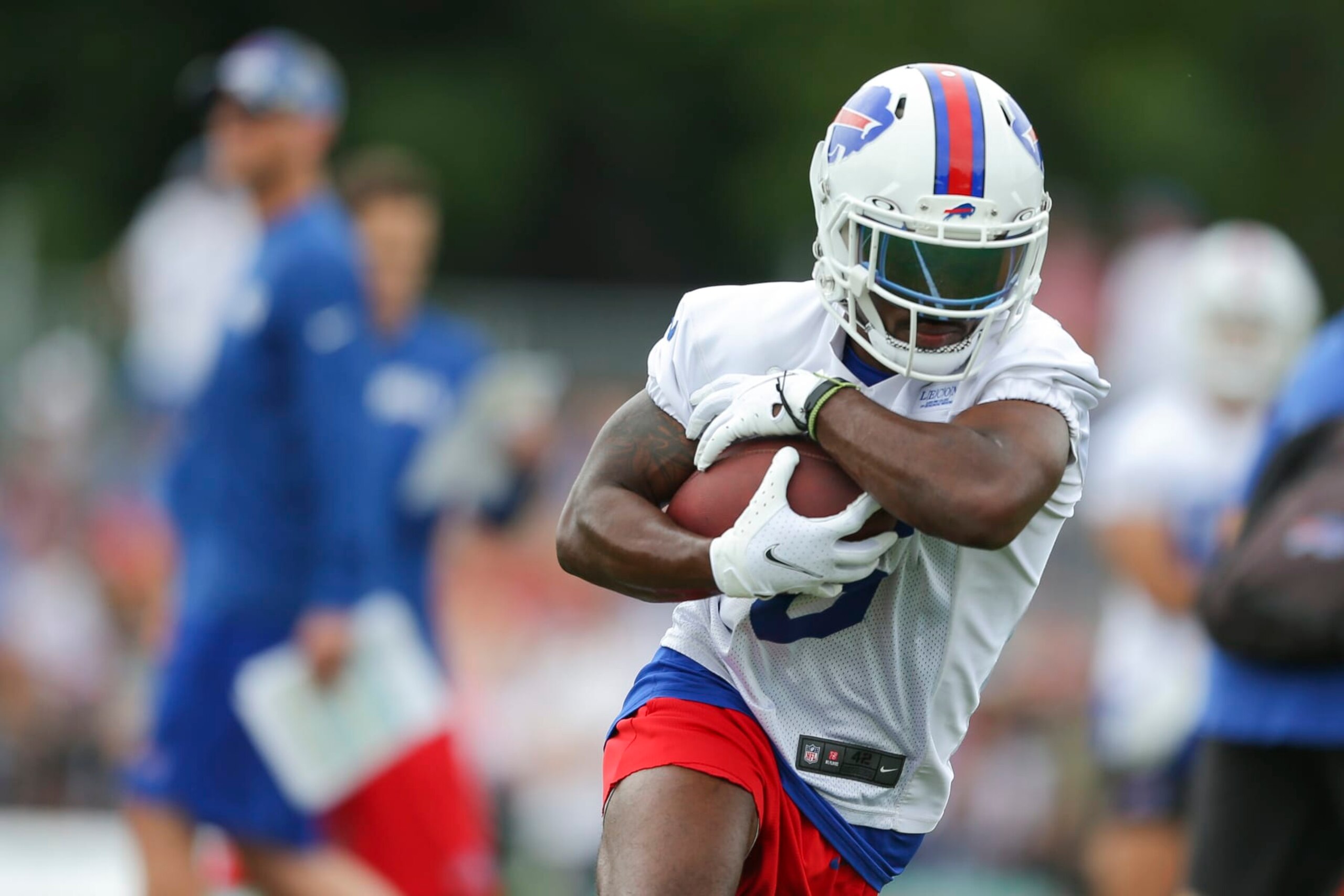 PITTSFORD, NEW YORK - JULY 24: Isaiah McKenzie #6 of the Buffalo Bills makes a catch during Bills training camp at Saint John Fisher University on July 24, 2022 in Pittsford, New York. (Photo by Joshua Bessex/Getty Images)