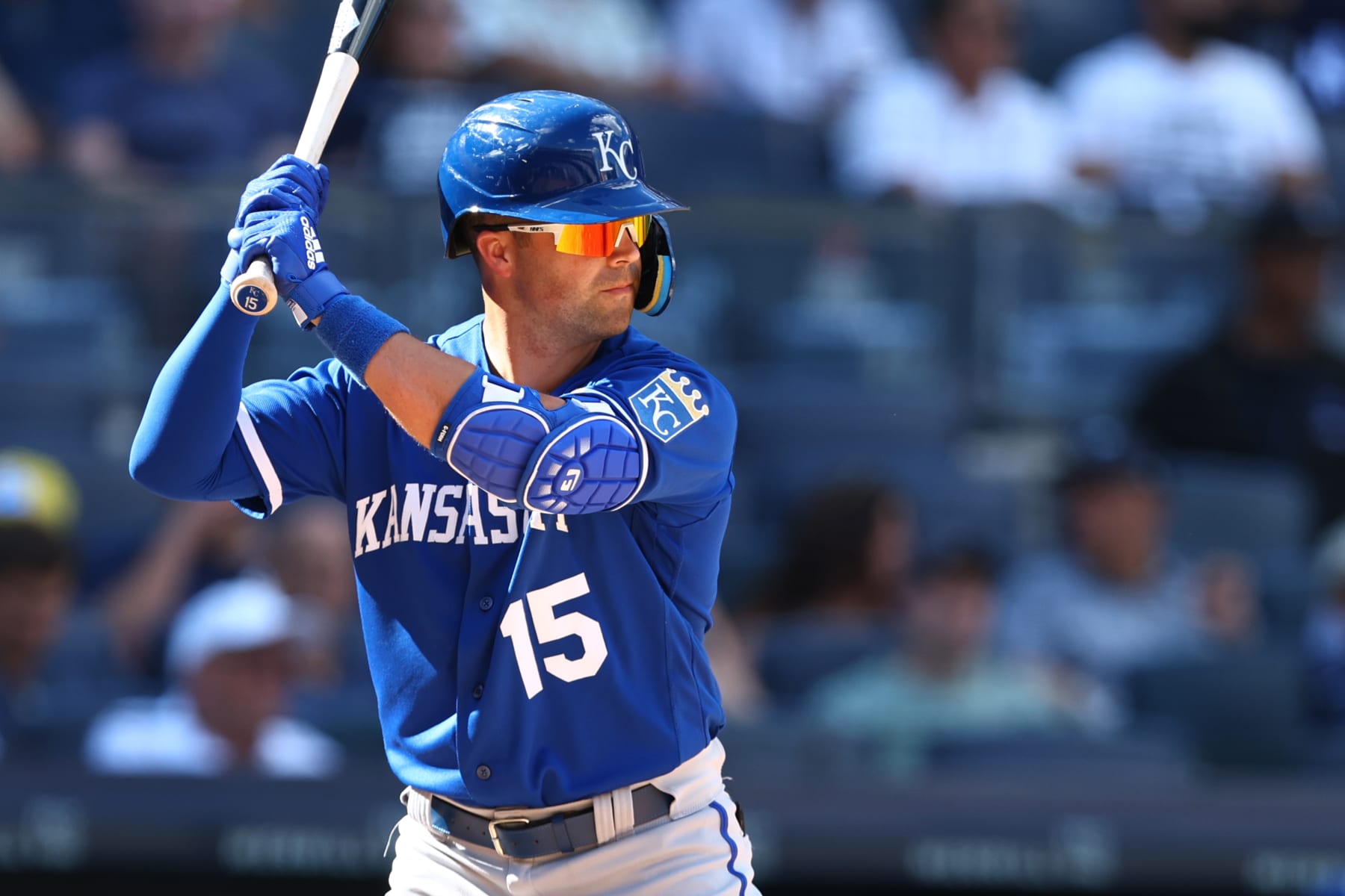 NEW YORK, NY - JULY 30: Whit Merrifield #15 of the Kansas City Royals in action against the New York Yankees during a game at Yankee Stadium on July 30, 2022 in New York City. (Photo by Rich Schultz/Getty Images)