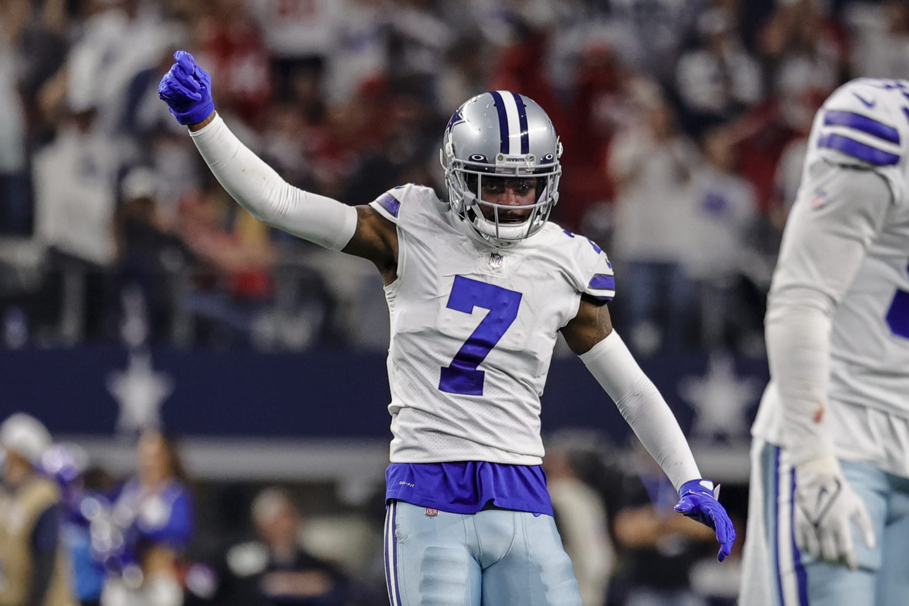 ARLINGTON, TX - JANUARY 16: Dallas Cowboys Trevon Diggs reacts to a call during the NFC Wild Card game between the Dallas Cowboys and the San Francisco 49ers on January 16, 2022 at AT&T Stadium in Arlington, Texas. (Photo by Matthew Pearce/Icon Sportswire via Getty Images)