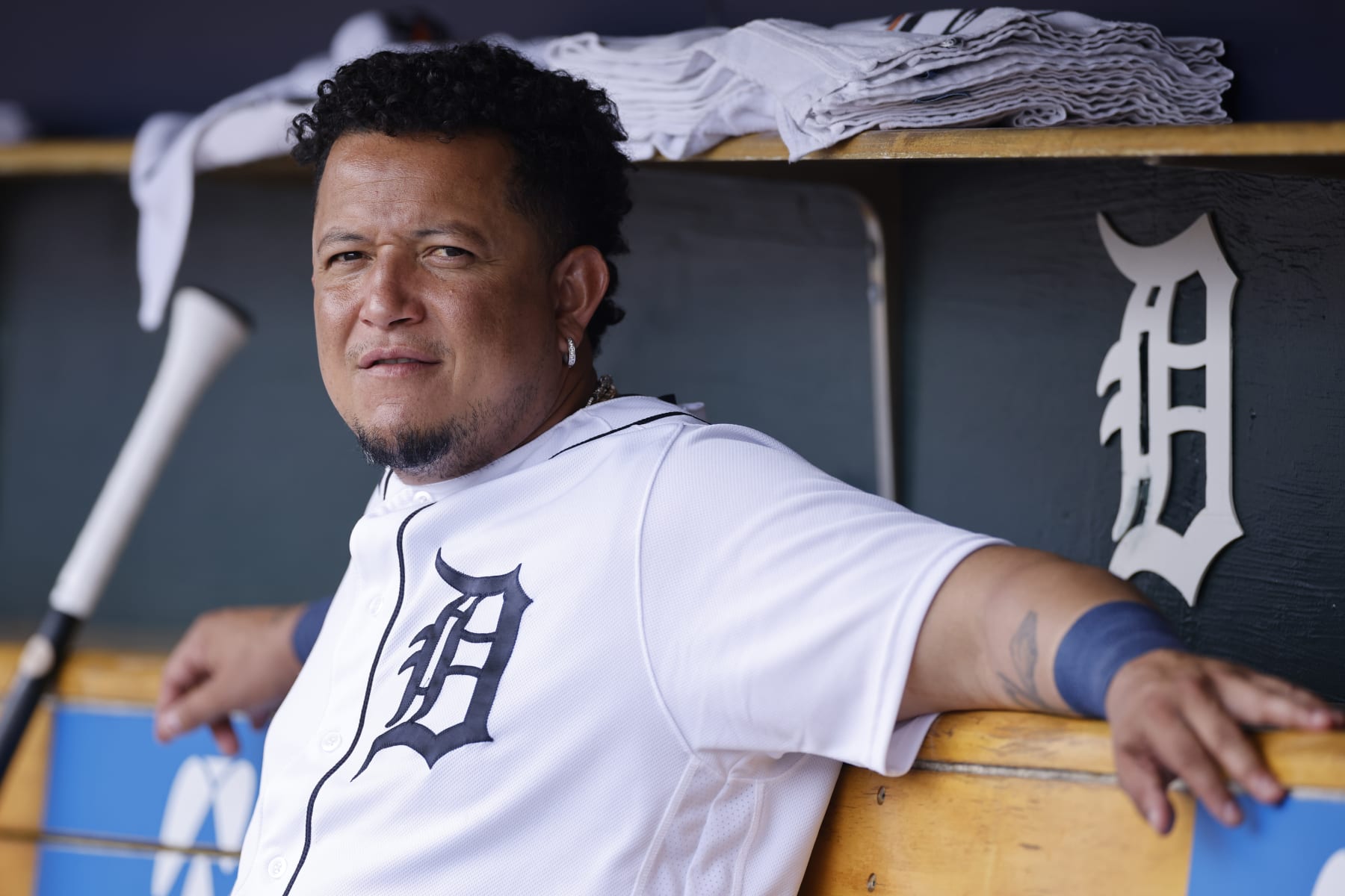 DETROIT, MI - JULY 27: Detroit Tigers designated hitter Miguel Cabrera (24) looks on in the dugout during an MLB game against the San Diego Padres on July 27, 2022 at Comerica Park in Detroit, Michigan. (Photo by Joe Robbins/Icon Sportswire via Getty Images)
