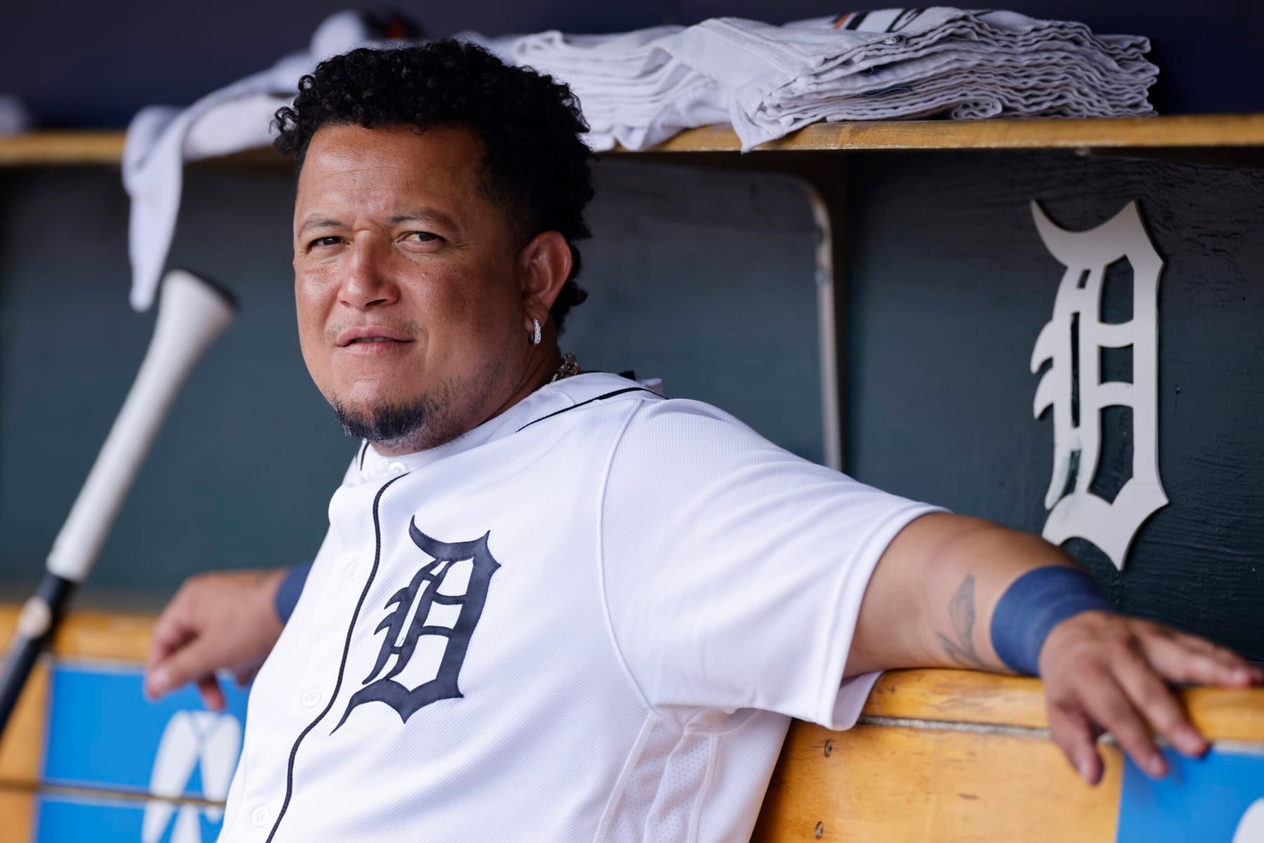 DETROIT, MI - JULY 27: Detroit Tigers designated hitter Miguel Cabrera (24) looks on in the dugout during an MLB game against the San Diego Padres on July 27, 2022 at Comerica Park in Detroit, Michigan. (Photo by Joe Robbins/Icon Sportswire via Getty Images)