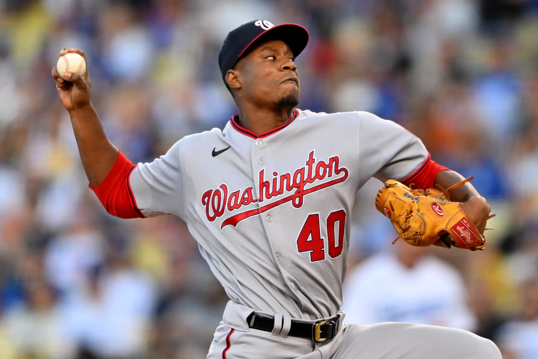 LOS ANGELES, CA - JULY 26: Josiah Gray #40 of the Washington Nationals pitches in the first inning against the Los Angeles Dodgers at Dodger Stadium on July 26, 2022 in Los Angeles, California. (Photo by Jayne Kamin-Oncea/Getty Images)