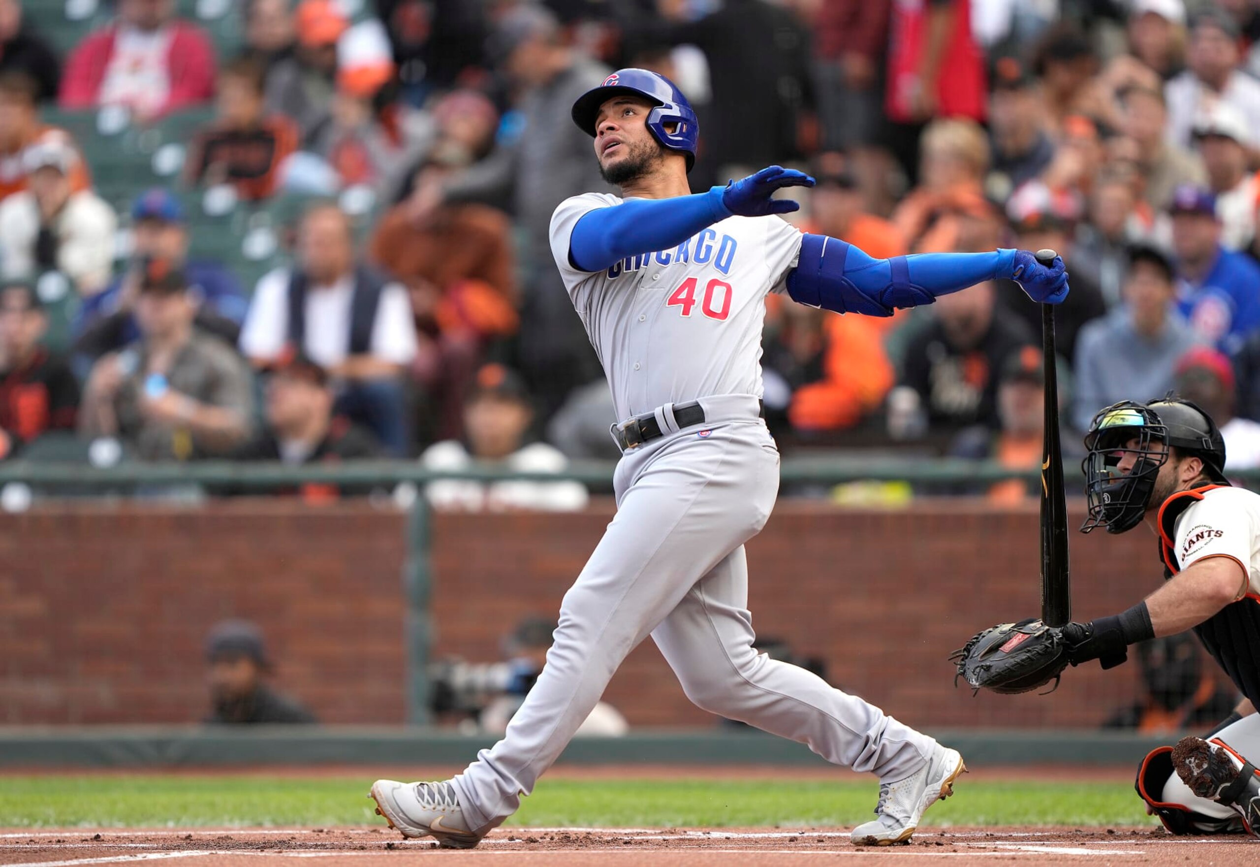 SAN FRANCISCO, CALIFORNIA - JULY 30: Willson Contreras #40 of the Chicago Cubs bats against the San Francisco Giants in the top of the first inning at Oracle Park on July 30, 2022 in San Francisco, California. (Photo by Thearon W. Henderson/Getty Images)