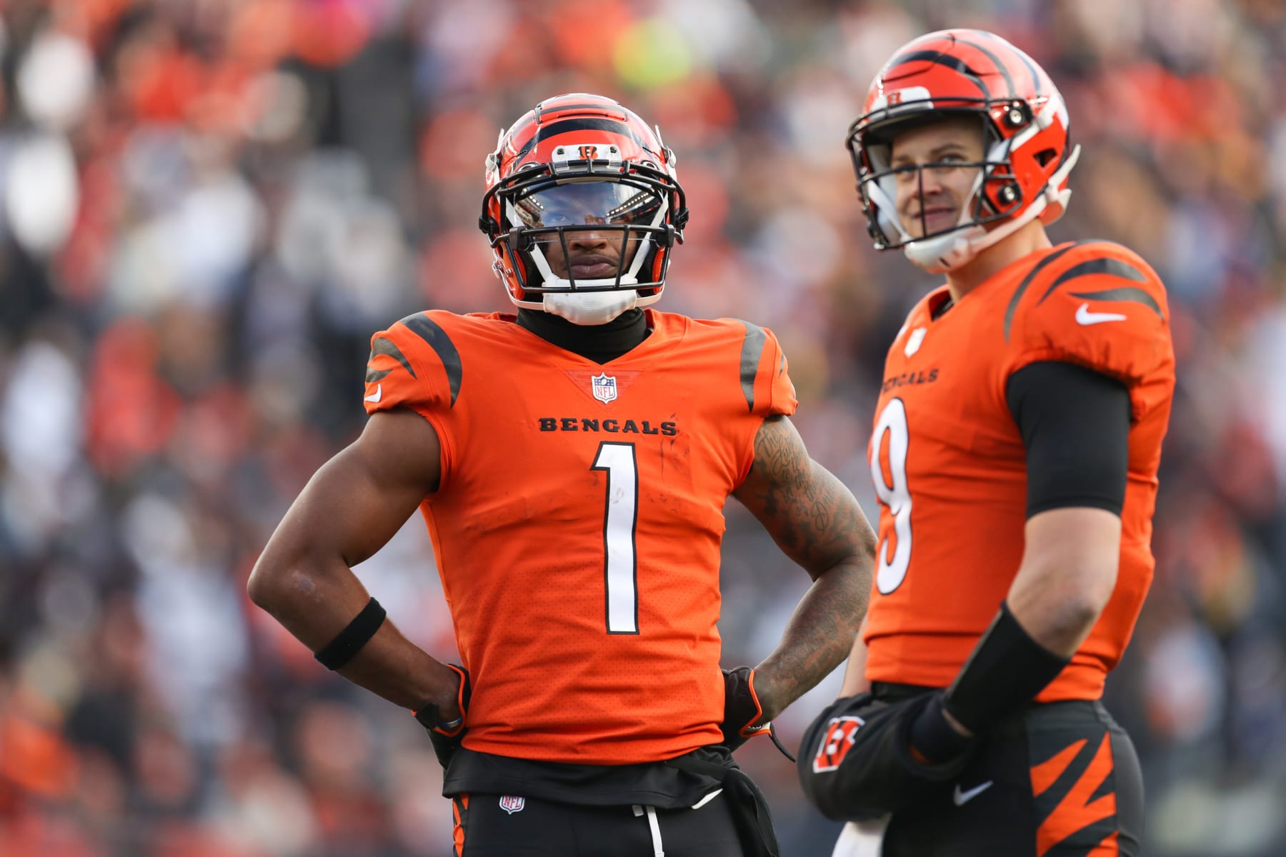 CINCINNATI, OH - NOVEMBER 28: Cincinnati Bengals wide receiver Ja'Marr Chase (1) and quarterback Joe Burrow (9) look at the scoreboard during a stop in play during the game against the Pittsburgh Steelers and the Cincinnati Bengals on November 28, 2021, at Paul Brown Stadium in Cincinnati, OH. (Photo by Ian Johnson/Icon Sportswire via Getty Images)