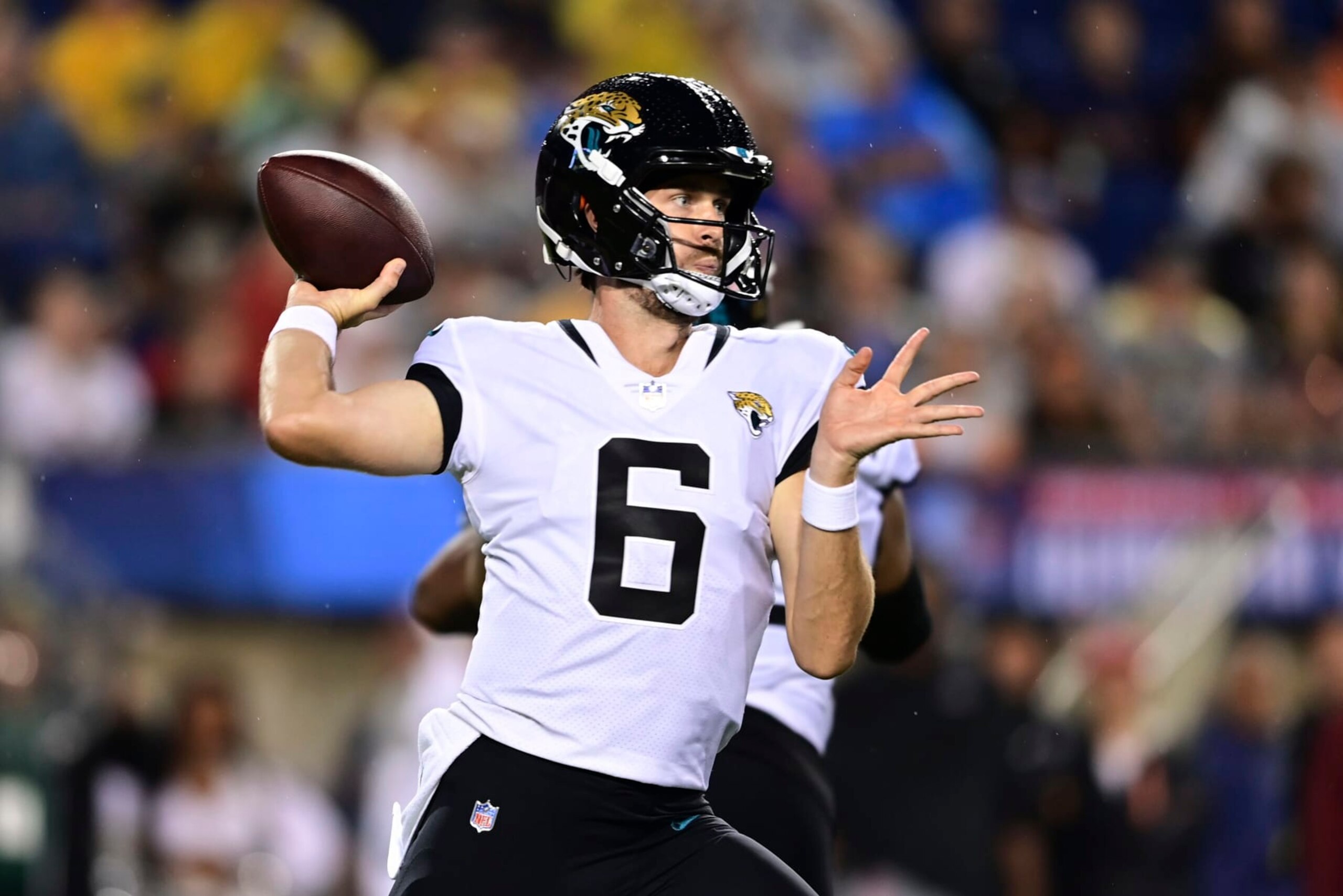 Jacksonville Jaguars quarterback Jake Luton (6) throws a pass during the first half of the NFL football exhibition Hall of Fame Game on Thursday, Aug. 4, 2022, in Canton, Ohio.(AP Photo/David Dermer) Jacksonville Jaguars quarterback Jake Luton (6) throws a pass during the first half of the NFL football exhibition Hall of Fame Game on Thursday, Aug. 4, 2022, in Canton, Ohio.(AP Photo/David Dermer)